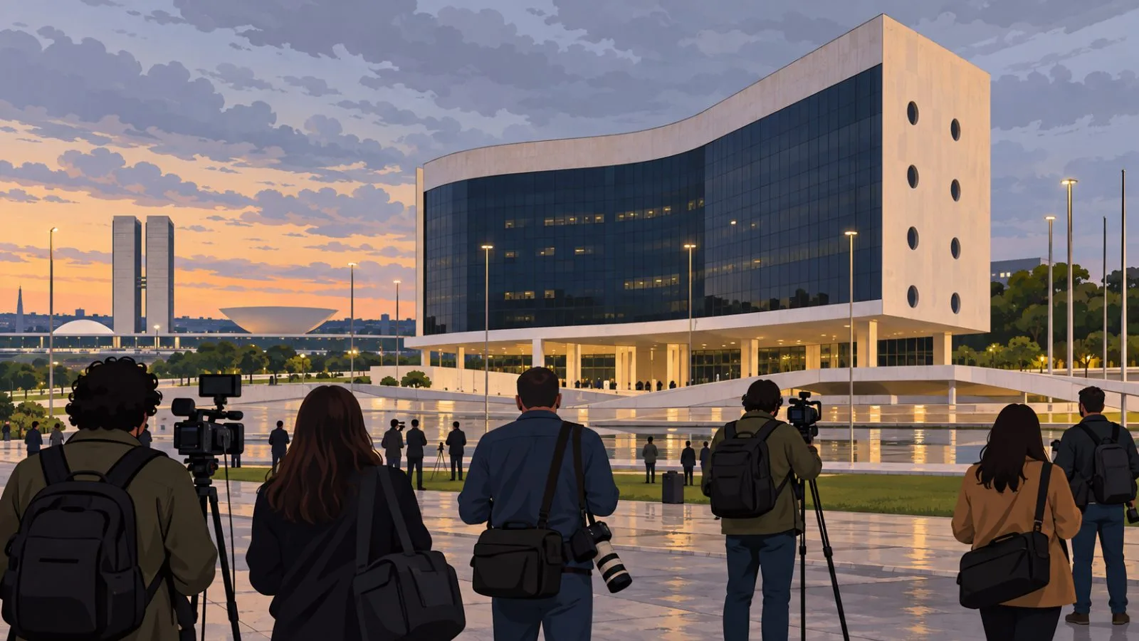 Journalists gather outside the Superior Electoral Court in Brasília after the presidential runoff. (AI-generated image / EconoTimes)