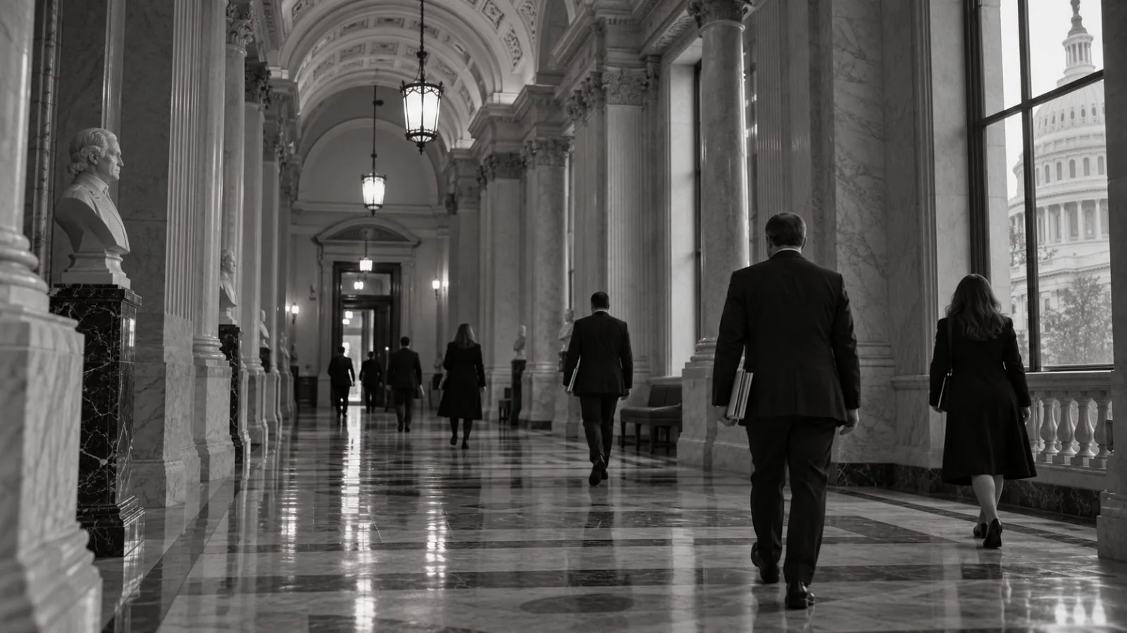 Senate staff members move through a corridor near the chamber at the U.S. Capitol in Washington. (AI-generated image / EconoTimes)