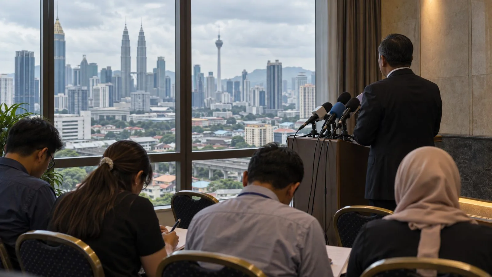 Microphones face an unidentified official at a government news conference in Kuala Lumpur, Malaysia (AI-generated image / EconoTimes)