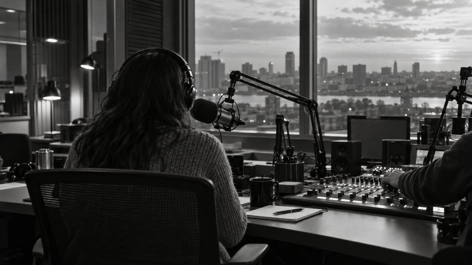 A producer adjusts a broadcast microphone in a Washington, D.C., radio studio. (AI-generated image / EconoTimes)