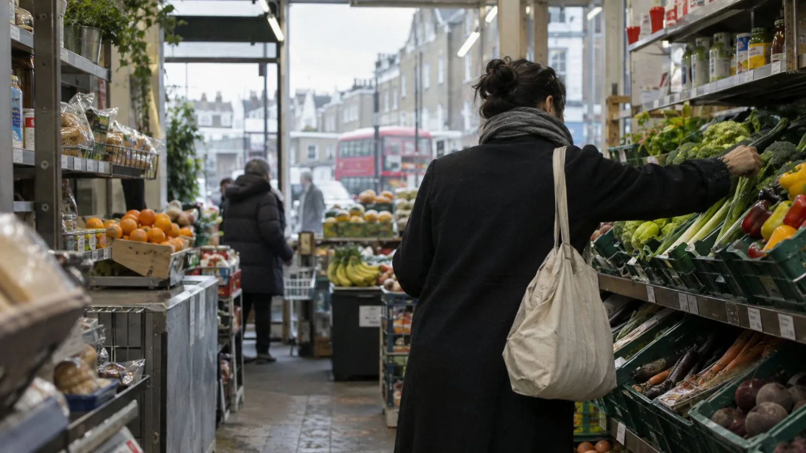 Shoppers select groceries inside a neighborhood shop on a London high street. (AI-generated image / EconoTimes)