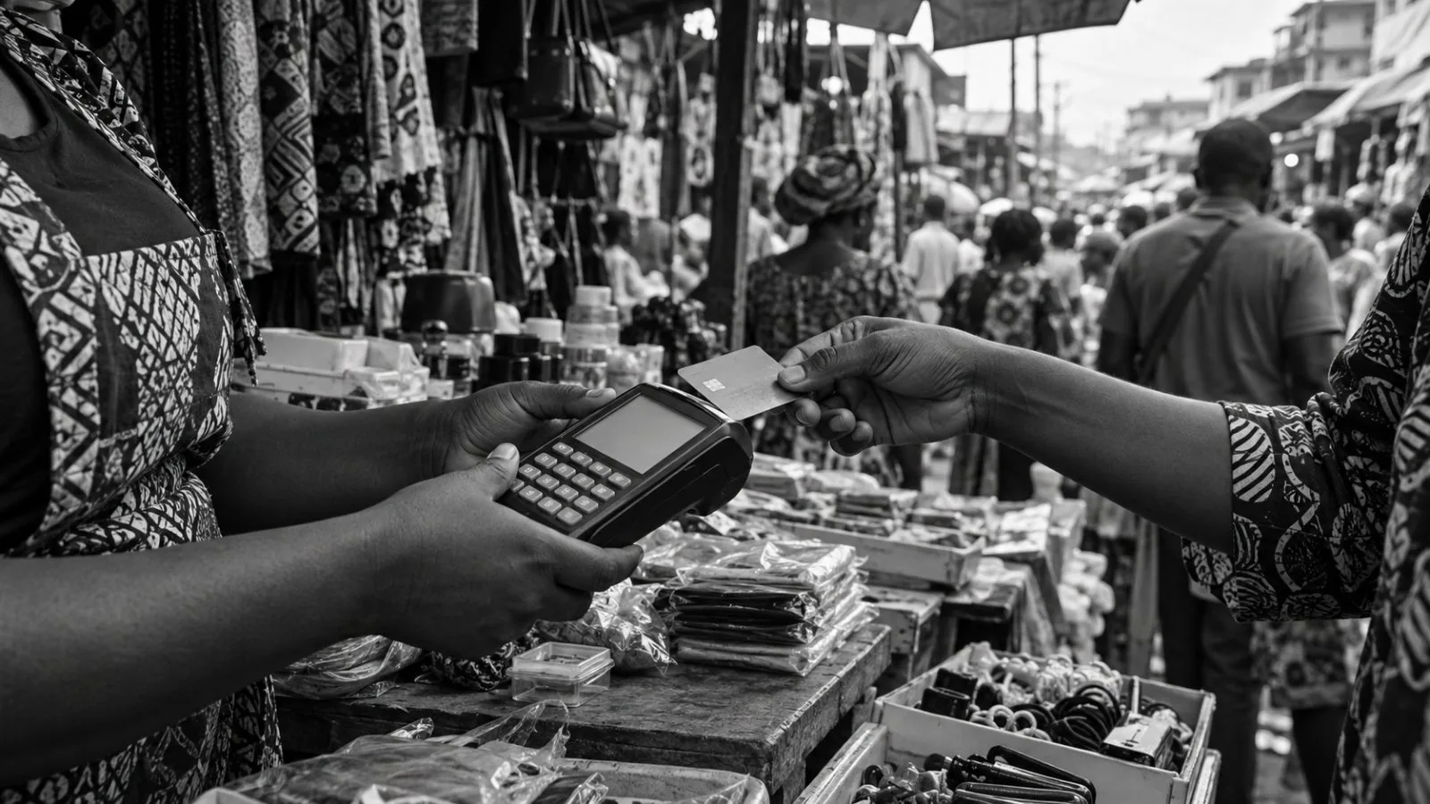 A customer pays at a point-of-sale terminal at Balogun Market in Lagos, Nigeria. (AI-generated image / EconoTimes)