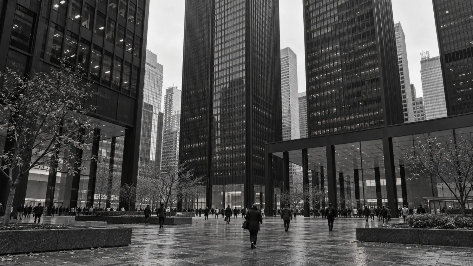 Pedestrians cross the plaza at Toronto’s TD Centre beneath the complex’s black office towers. (AI-generated image / EconoTimes)