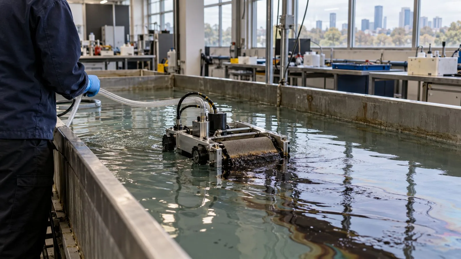 A small oil-skimming robot is tested in a water tank at RMIT University in Melbourne. (AI-generated image / EconoTimes)