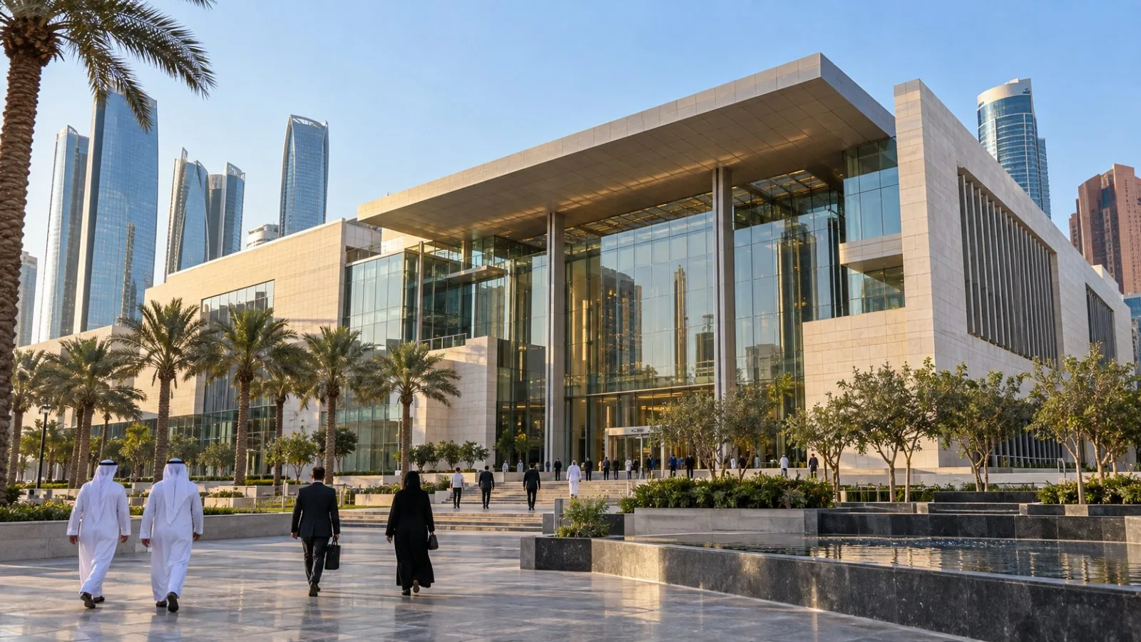Pedestrians pass the Abu Dhabi Securities Exchange on Al Maryah Island in Abu Dhabi. (AI-generated image / EconoTimes)