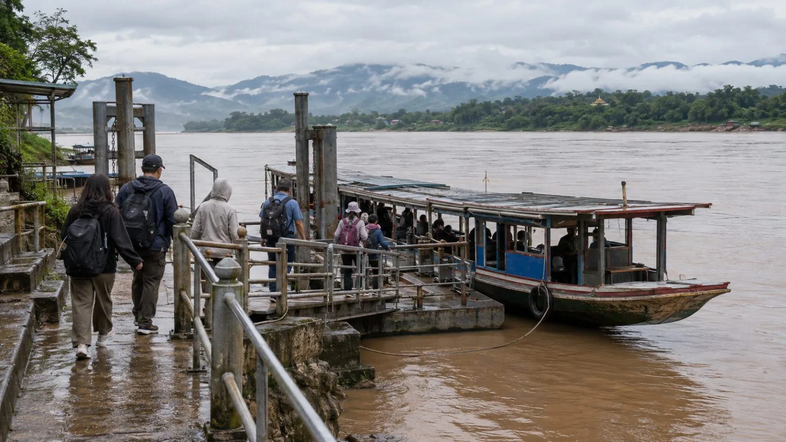 A passenger boat is moored beside a riverside tourism pier in Chiang Saen, Thailand. (AI-generated image / EconoTimes)