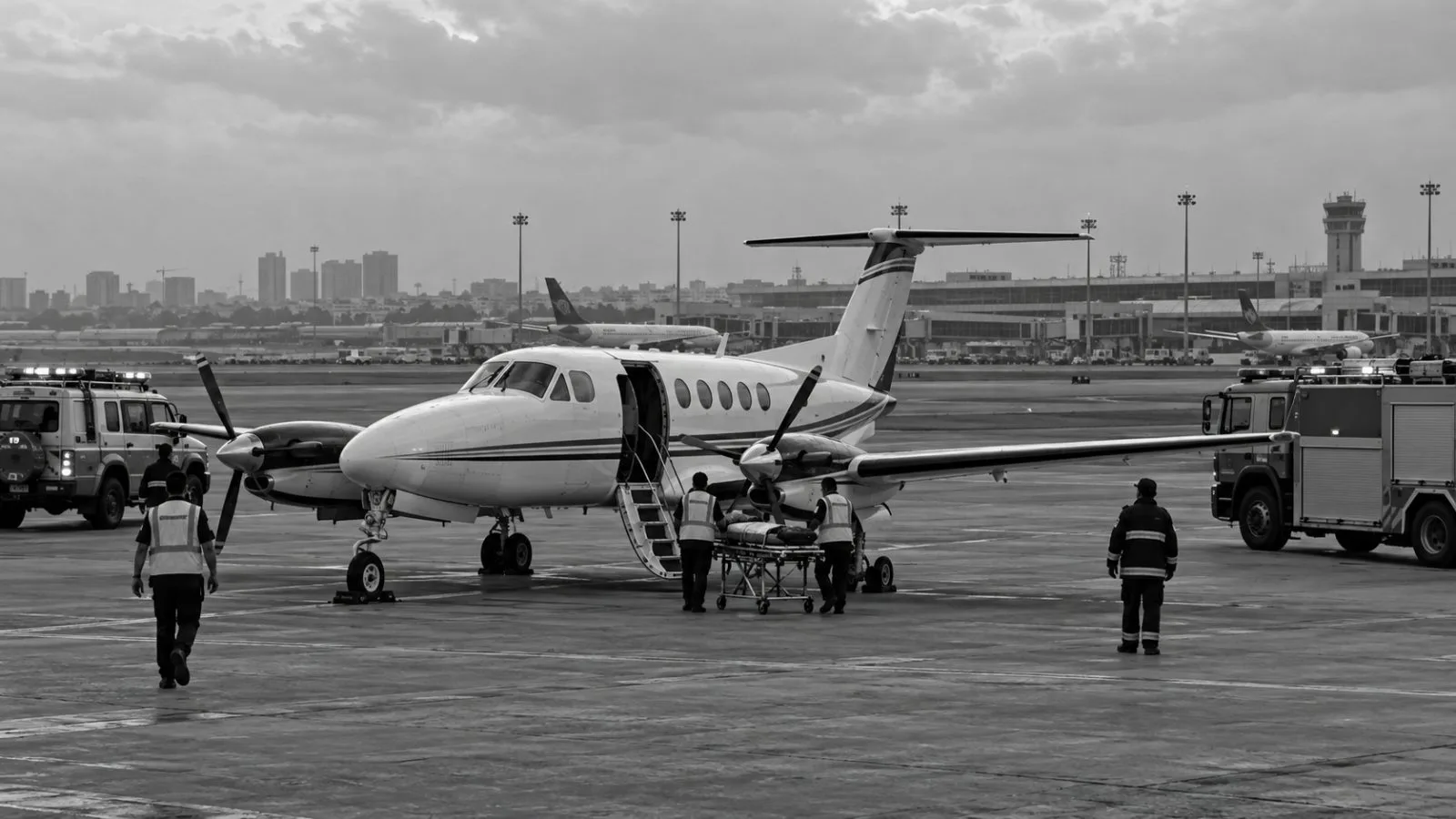 An air ambulance sits beside rescue vehicles at Hazrat Shahjalal International Airport in Dhaka. (AI-generated image / EconoTimes)
