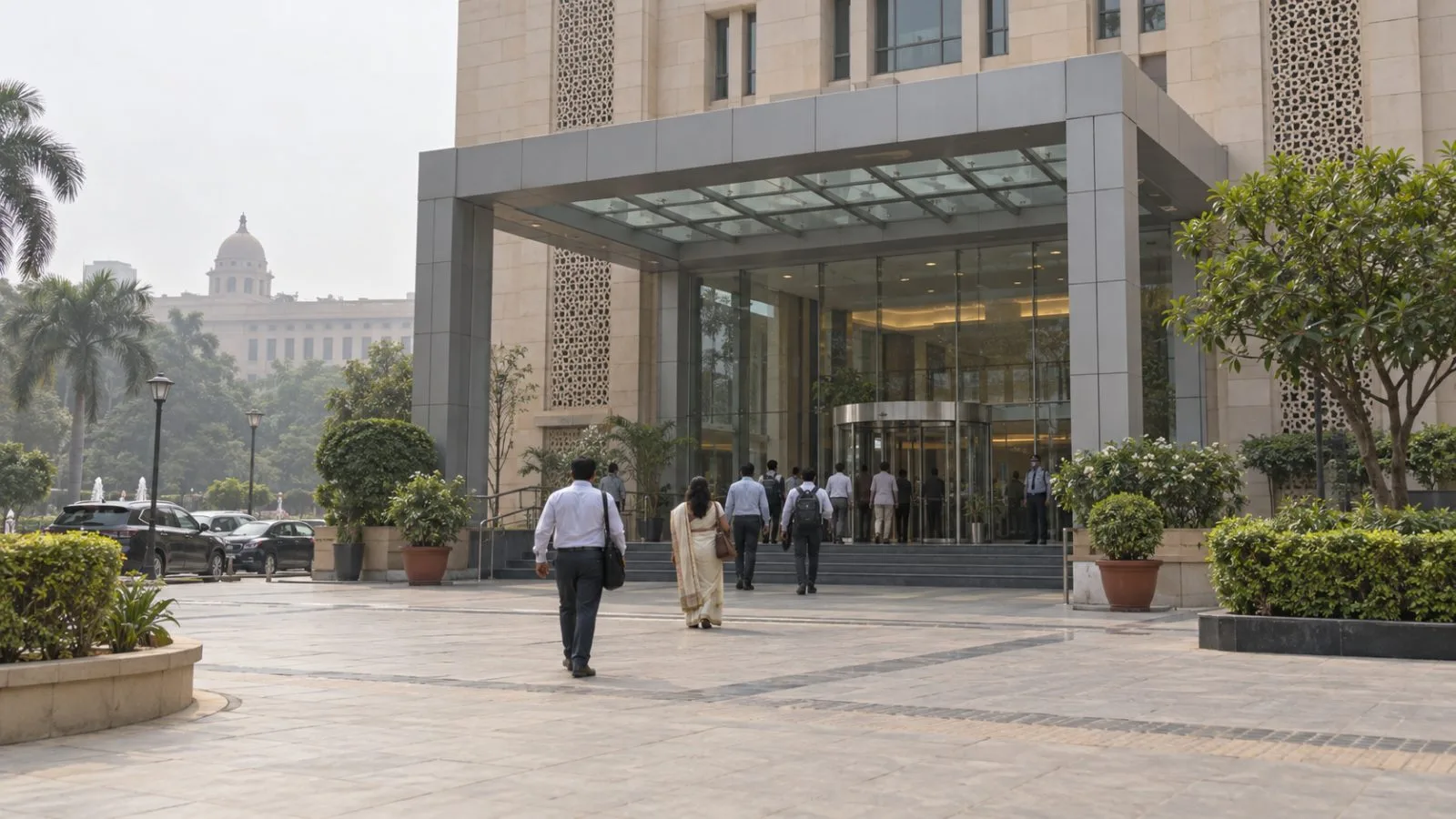 Visitors enter the building housing NITI Aayog in New Delhi, India. (AI-generated image / EconoTimes)