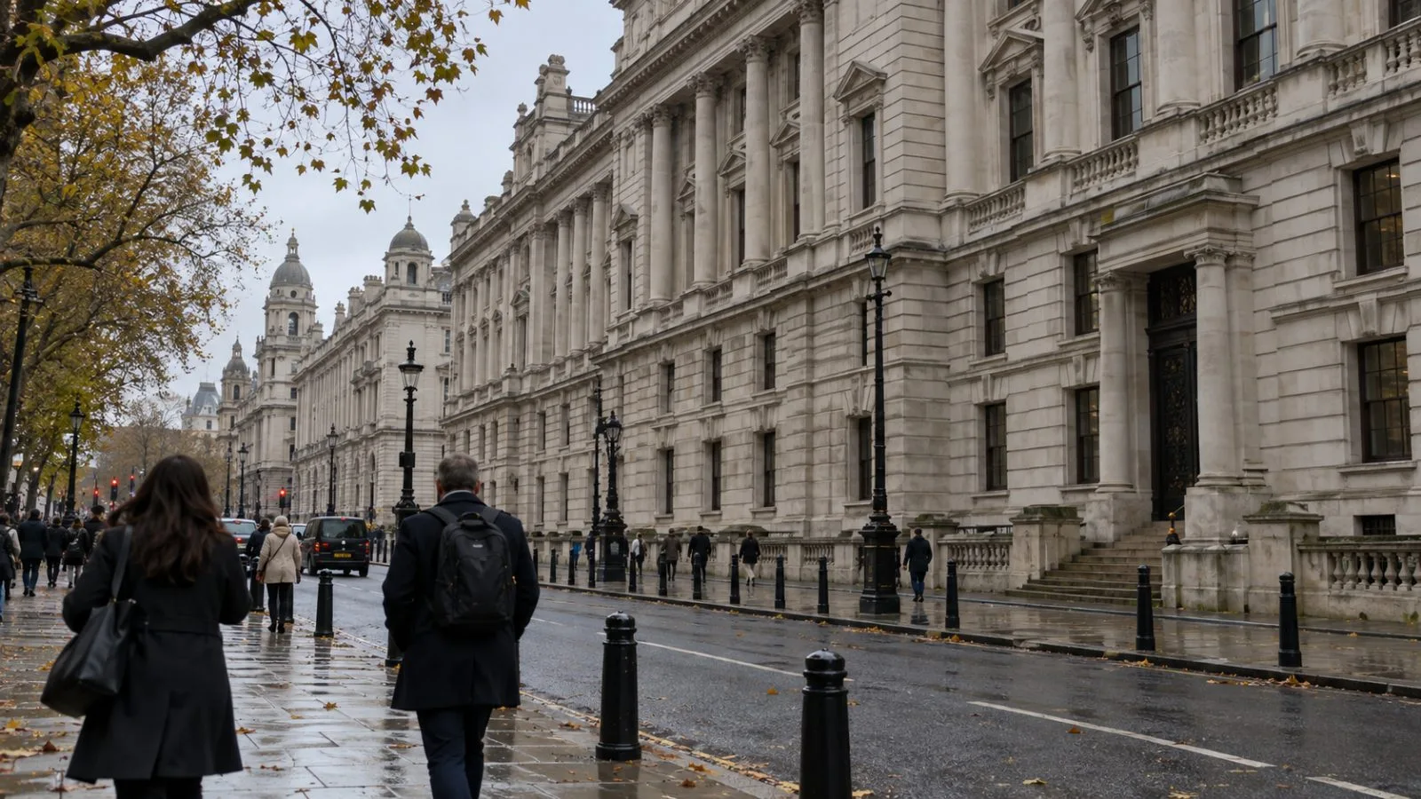 Pedestrians pass the HM Treasury building in London on an overcast morning. (AI-generated image / EconoTimes)