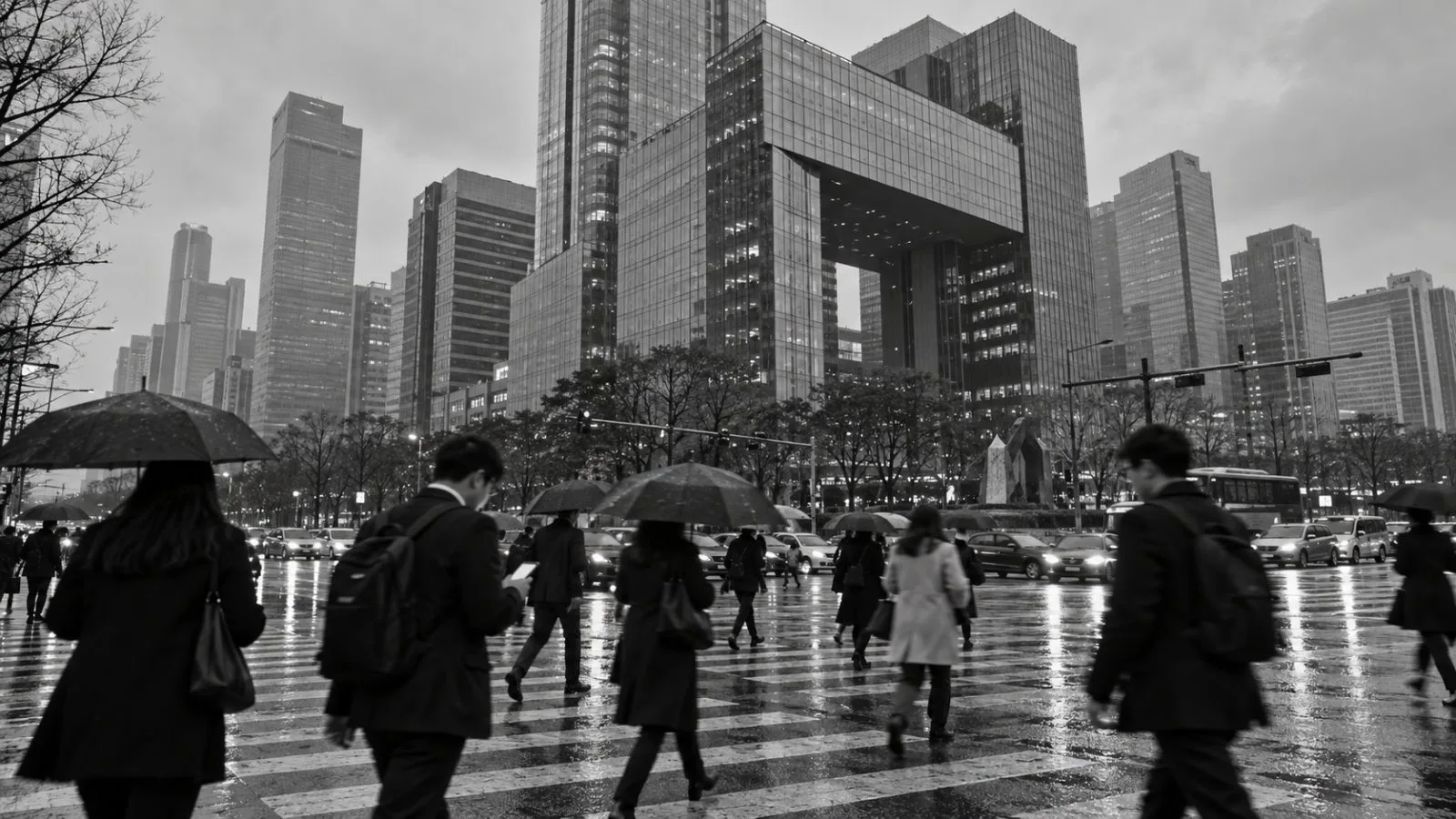 Commuters cross Seoul’s Yeouido financial district beneath glass office towers. (AI-generated image / EconoTimes)