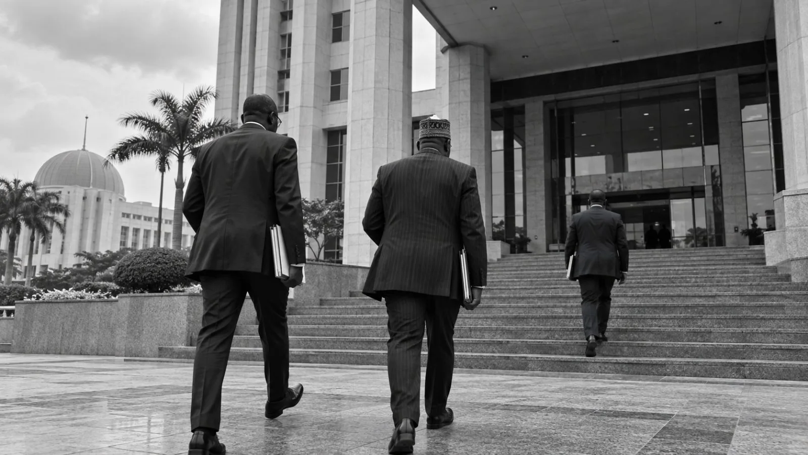 Officials carry document folders outside the Federal Ministry of Justice in Abuja. (AI-generated image / EconoTimes)