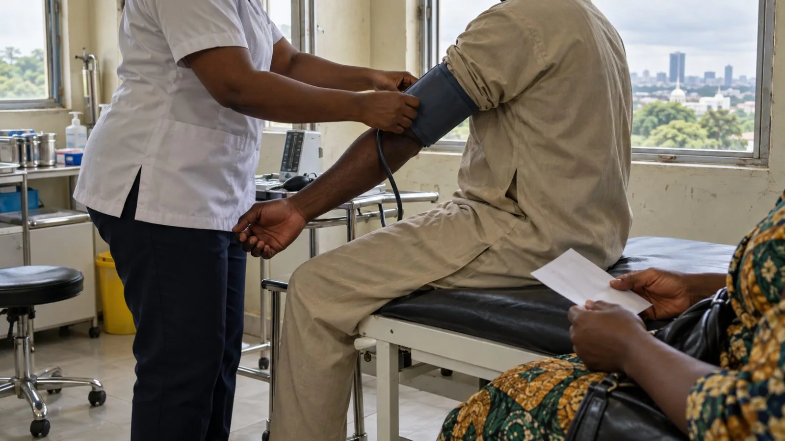 A health worker checks a patient’s blood pressure at a primary care clinic in Abuja, Nigeria. (AI-generated image / EconoTimes)