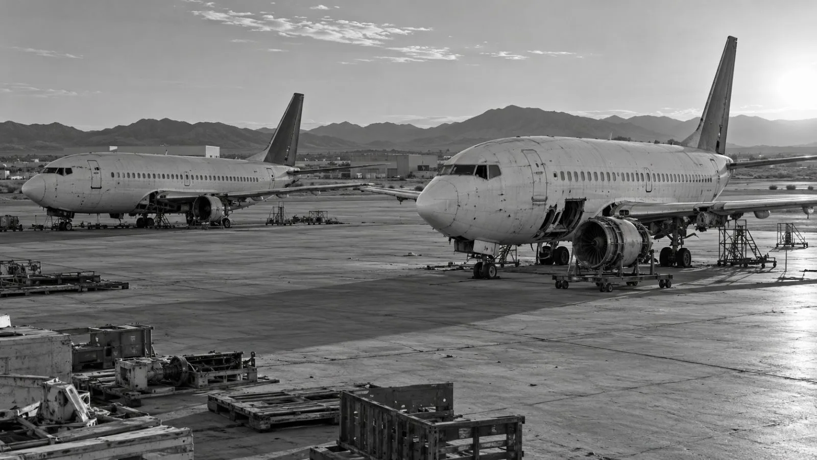 Narrowbody aircraft sit on a maintenance apron in Goodyear, Arizona. (AI-generated image / EconoTimes)