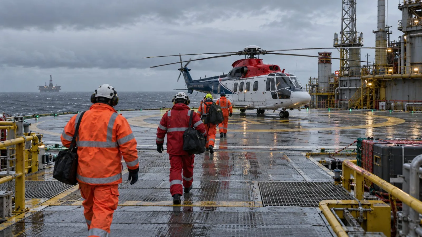 Workers in protective gear approach a helicopter on a North Sea platform near Aberdeen, Scotland. (AI-generated image / EconoTimes)