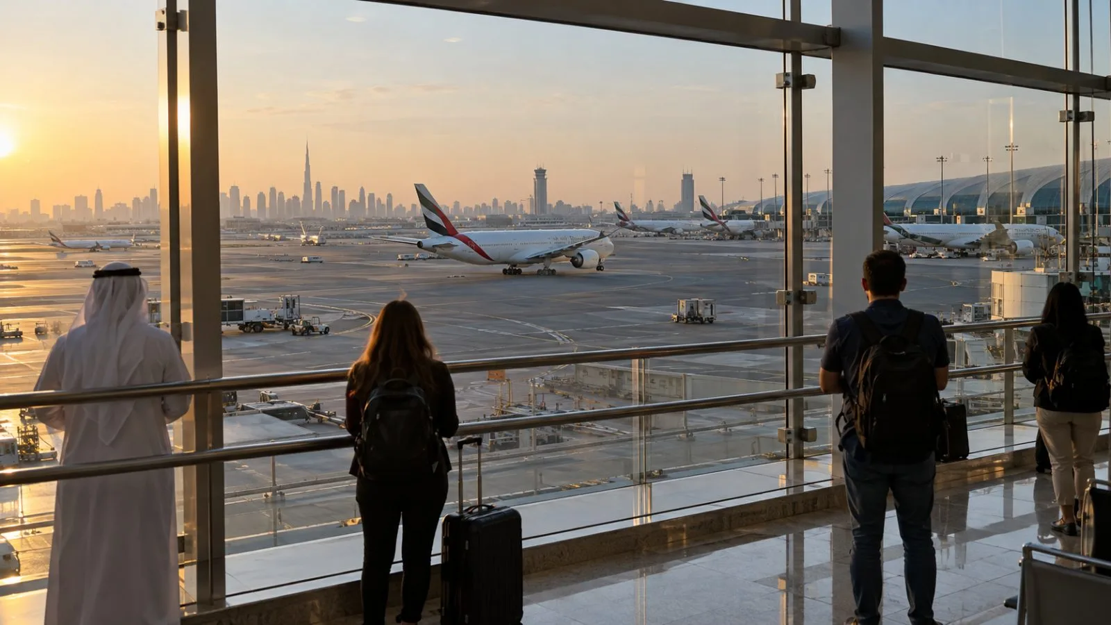 Travelers watch a passenger jet taxi at Dubai International Airport in Dubai, United Arab Emirates. (AI-generated image / EconoTimes)