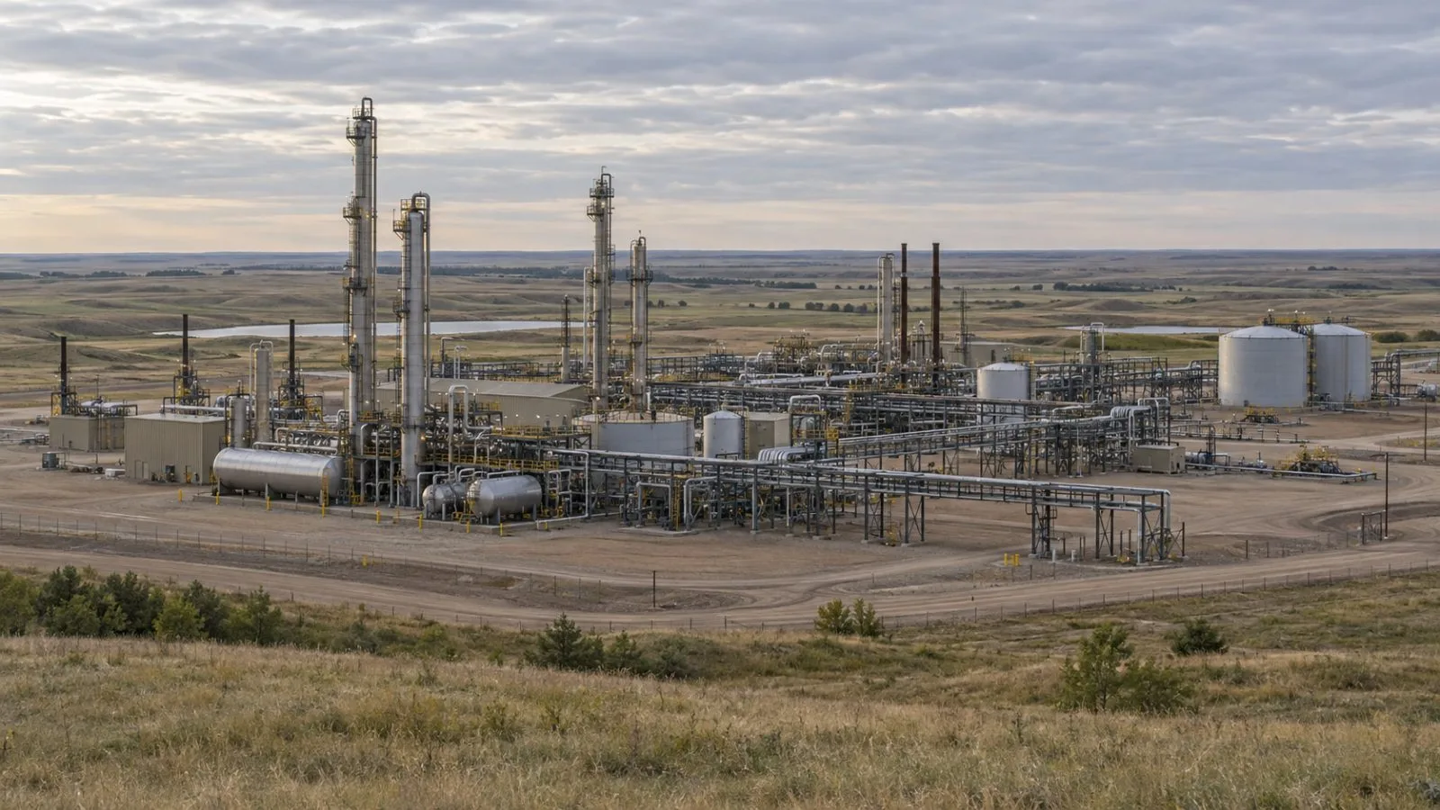 Gas processing equipment stands at the Tioga Gas Plant in Tioga, North Dakota. (AI-generated image / EconoTimes)