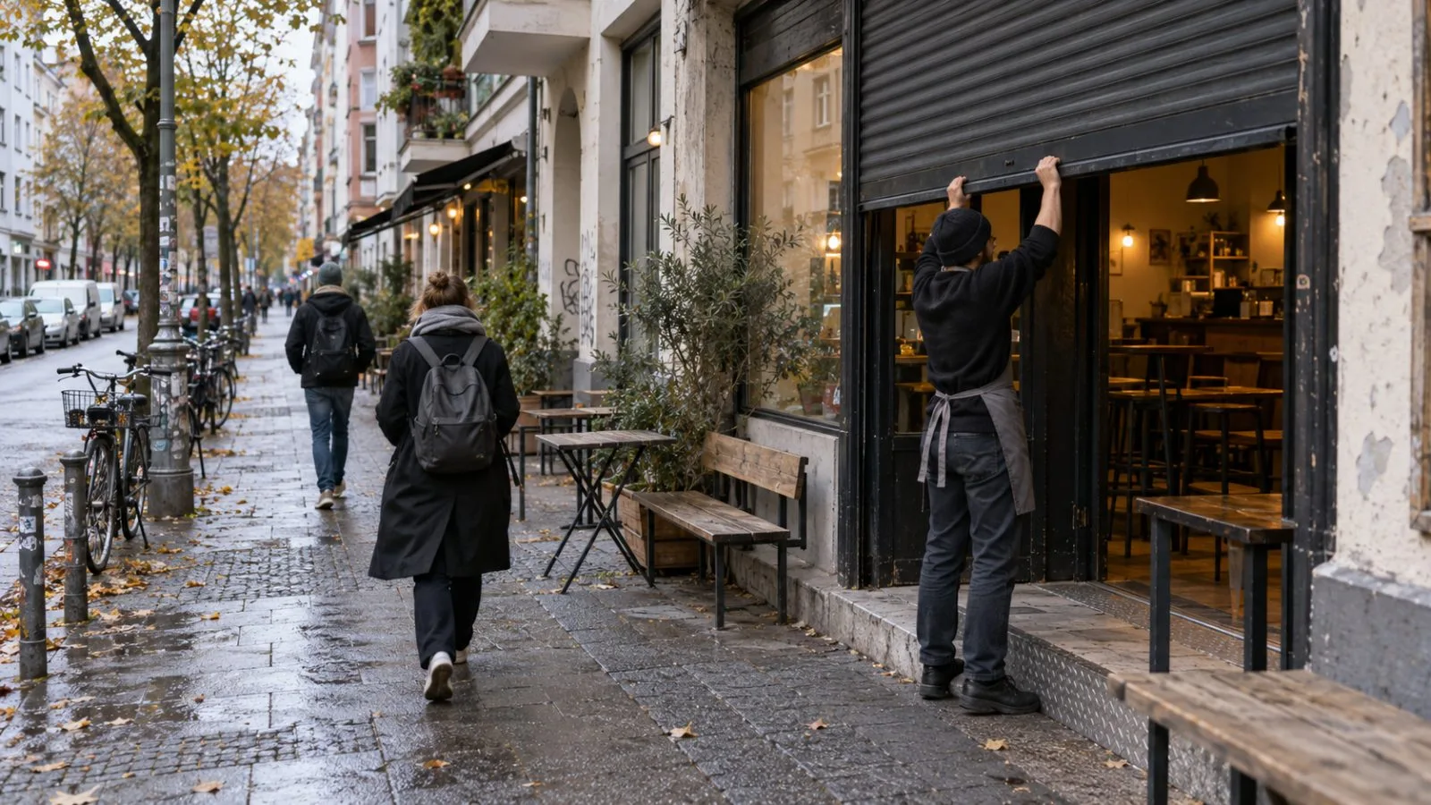 A café worker opens a storefront as pedestrians pass through Kreuzberg, Berlin. (AI-generated image / EconoTimes)