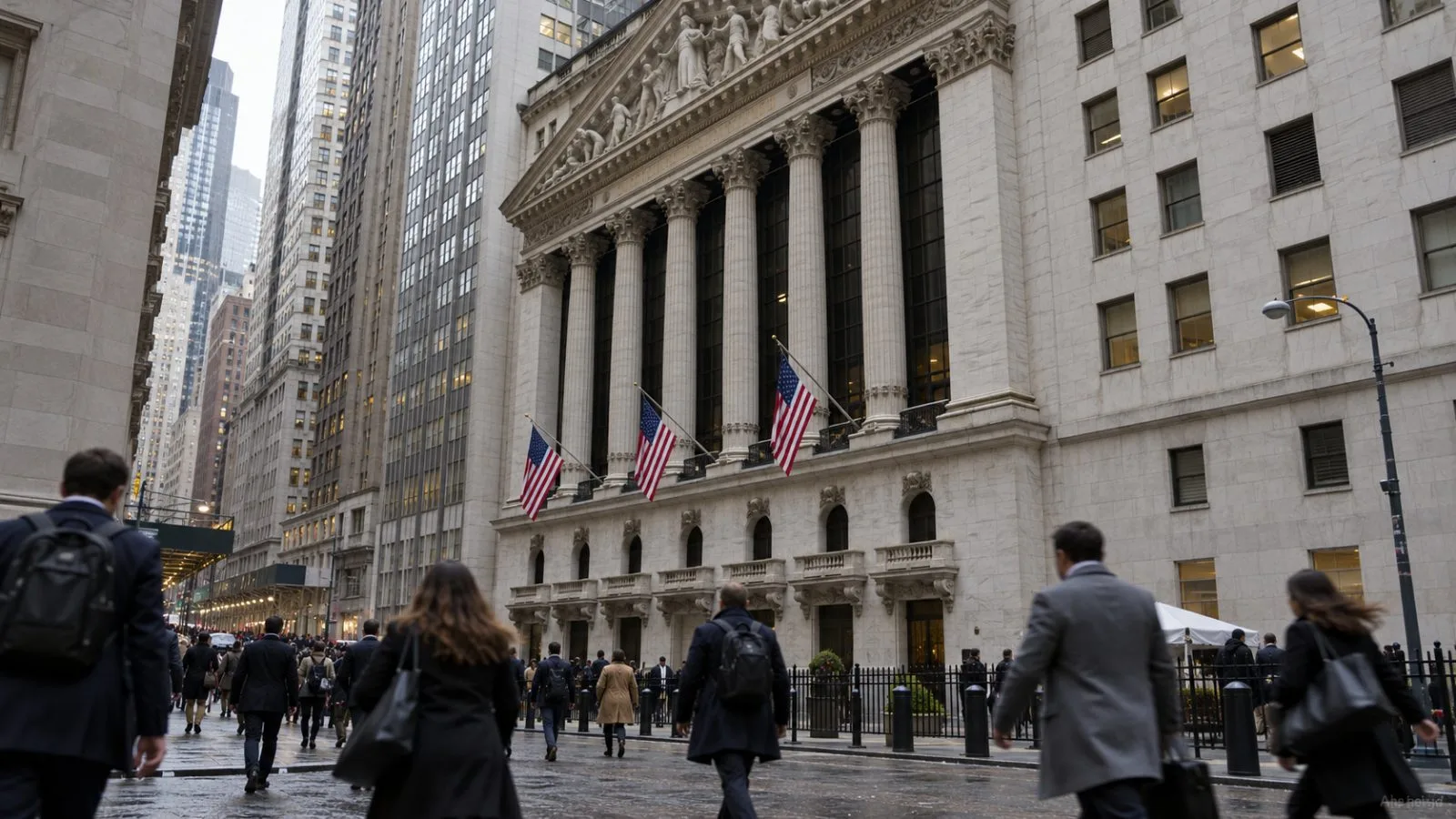 Commuters pass the New York Stock Exchange on Broad Street in New York. (AI-generated image / EconoTimes)