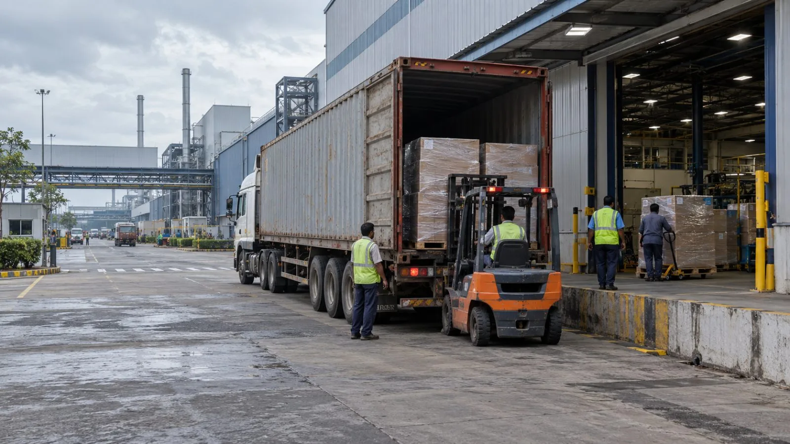 A delivery truck waits beside the receiving bay at an automotive plant in Halol, Gujarat. (AI-generated image / EconoTimes)