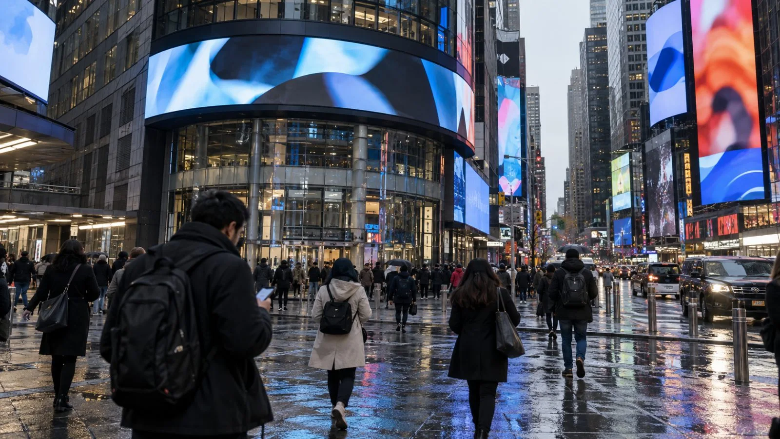 Pedestrians check their phones outside Nasdaq MarketSite in Times Square, New York (AI-generated image / EconoTimes)