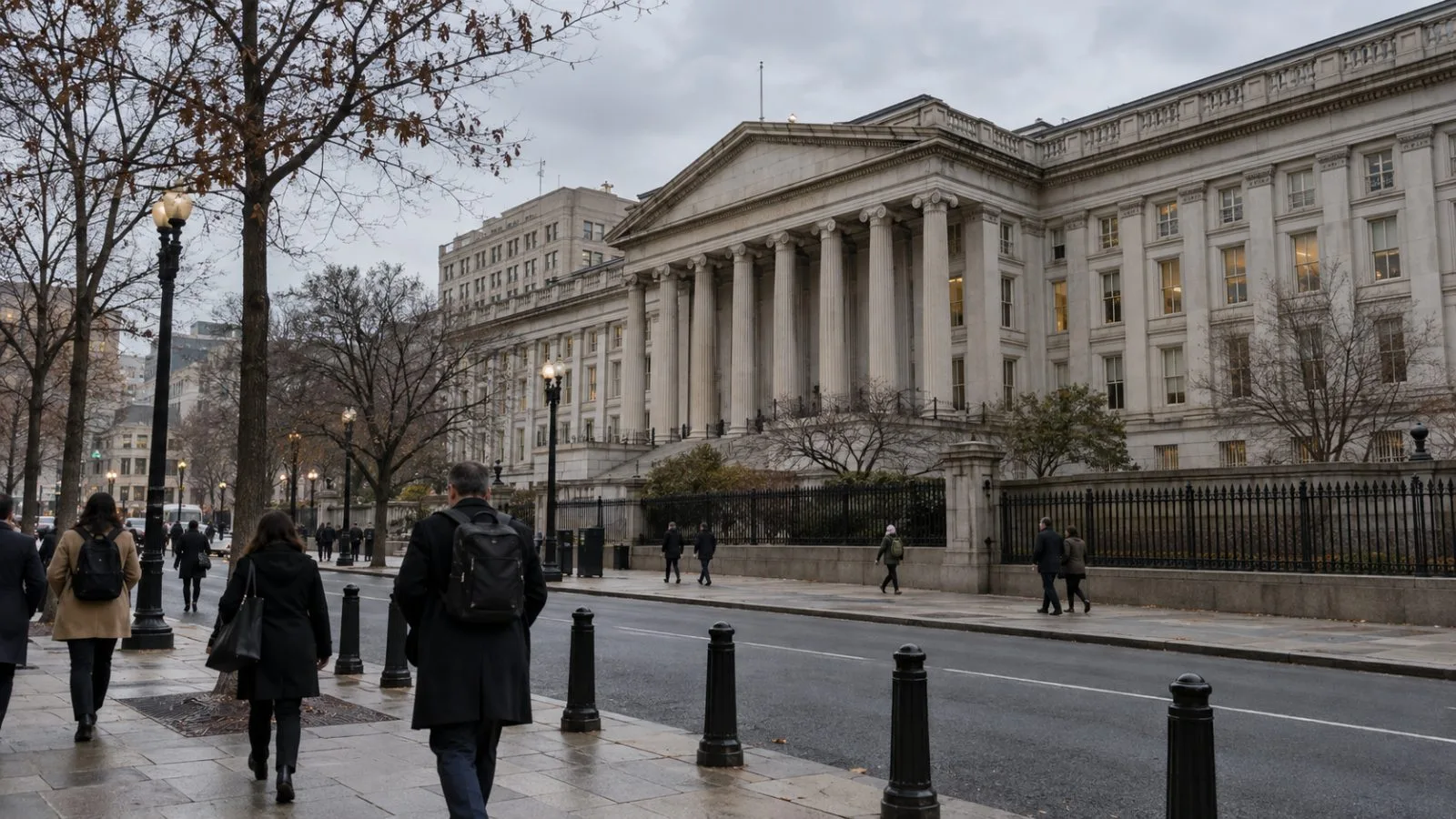 Pedestrians pass the U.S. Treasury building in Washington on an overcast afternoon. (AI-generated image / EconoTimes)
