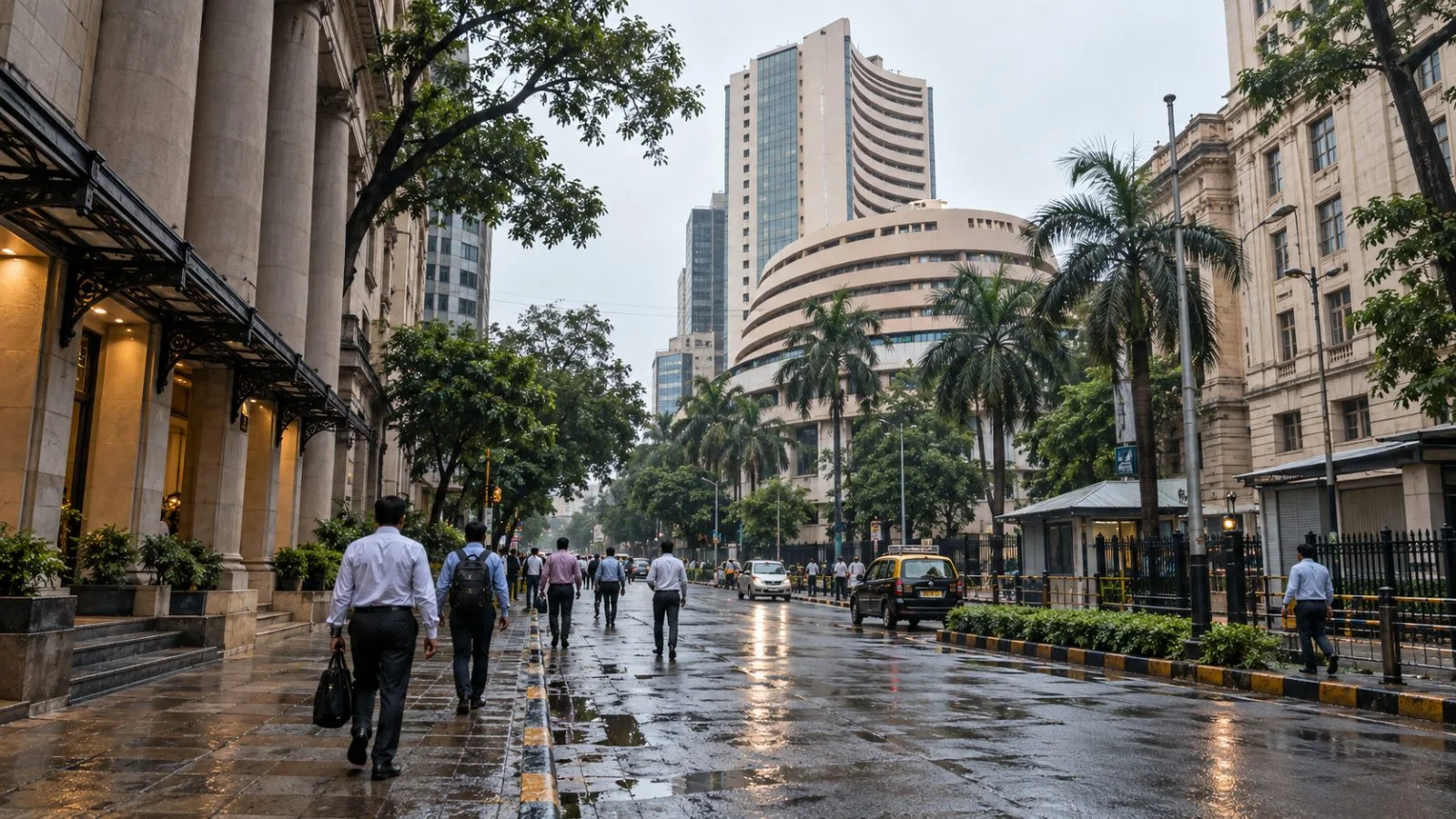 Commuters pass financial district offices on Dalal Street in Mumbai, India (AI-generated image / EconoTimes)
