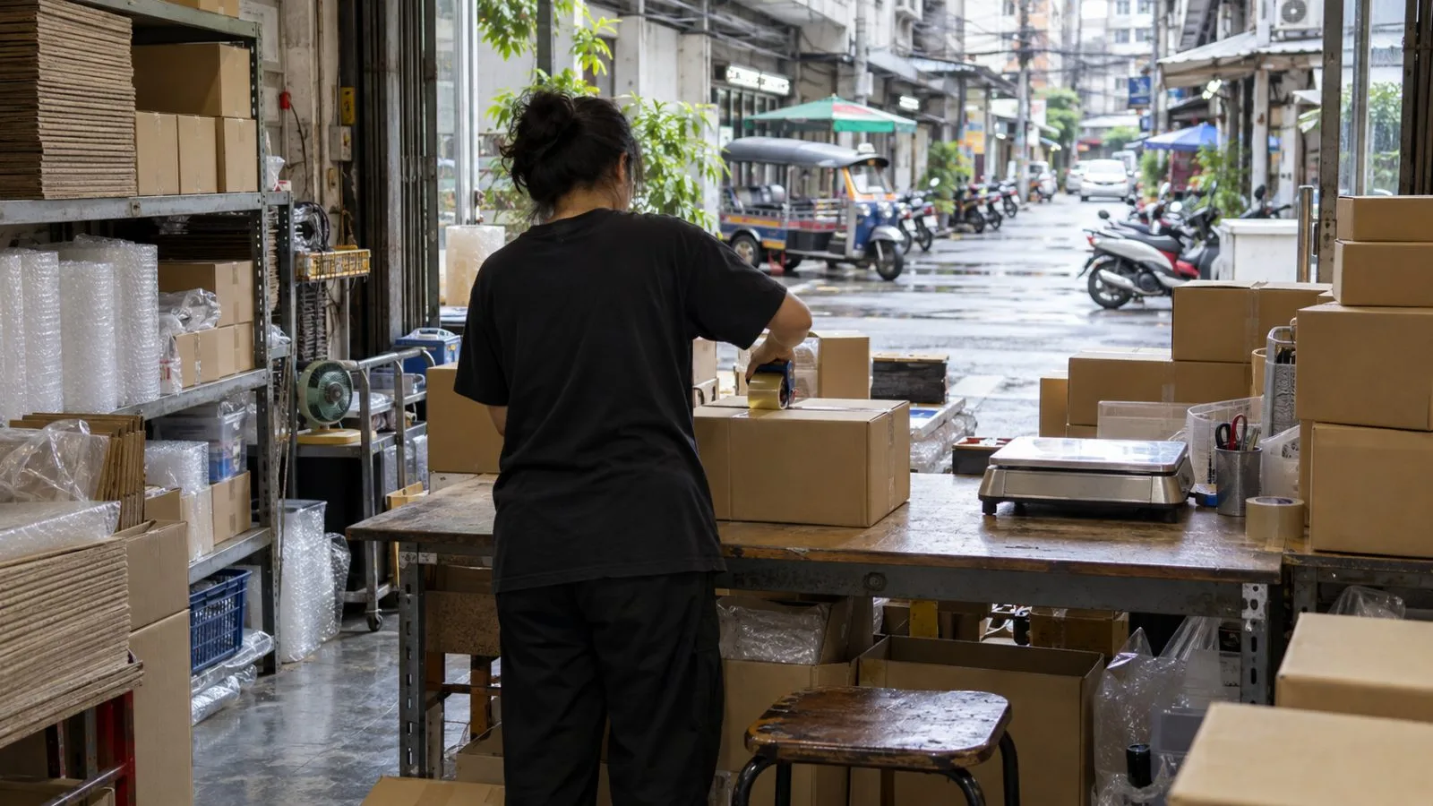 An online seller prepares parcels for courier pickup inside a Bangkok shophouse, Thailand. (AI-generated image / EconoTimes)
