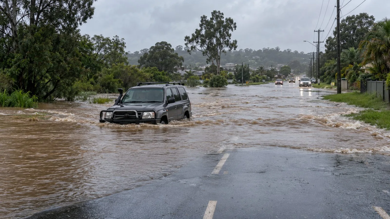 Floodwater covers Buchanan Road in Morayfield, Queensland, around a stalled four-wheel drive. (AI-generated image / EconoTimes)