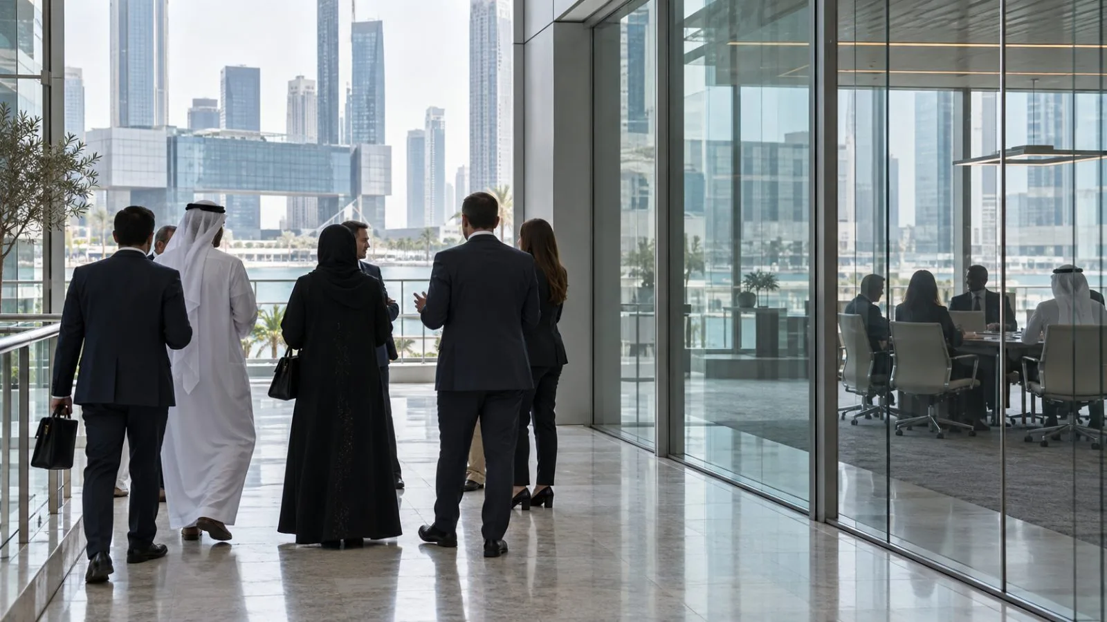 Delegates gather outside a meeting room at Abu Dhabi Global Market on Al Maryah Island. (AI-generated image / EconoTimes)