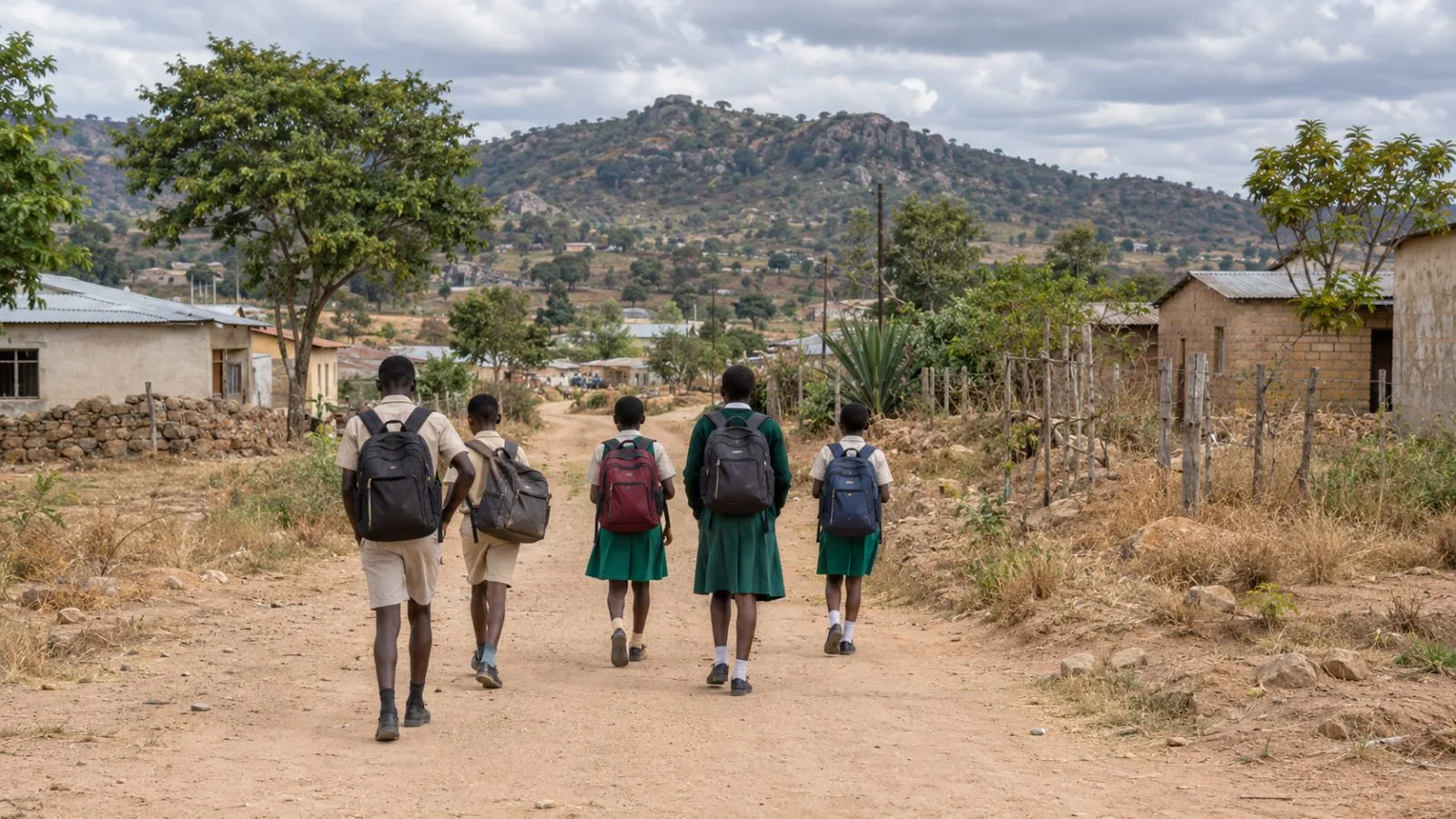 Children walk along a dusty road in Turf, Zimbabwe, near platinum mining communities. (AI-generated image / EconoTimes)