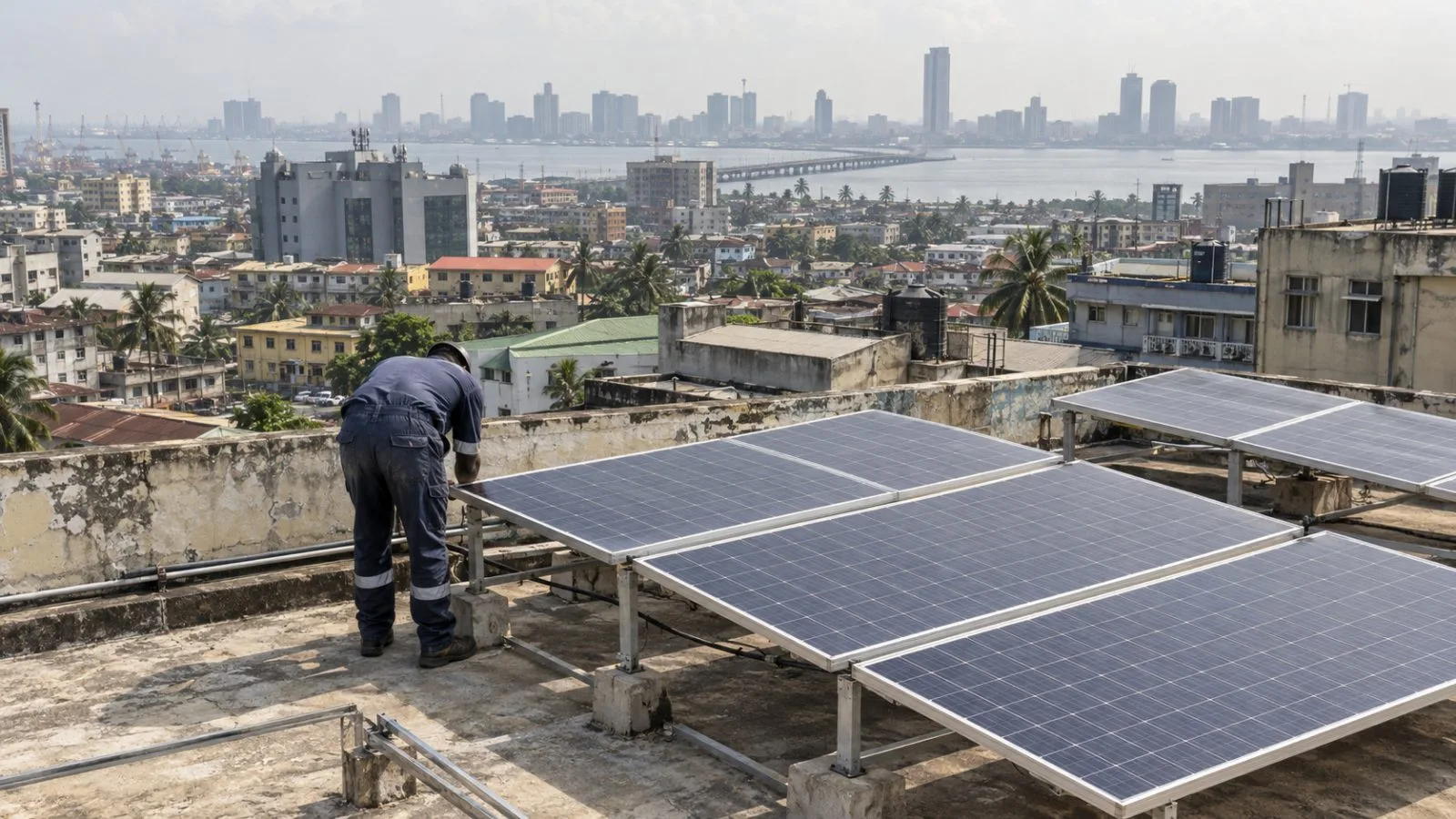A worker checks rooftop solar panels at a commercial building in Lagos, Nigeria. (AI-generated image / EconoTimes)