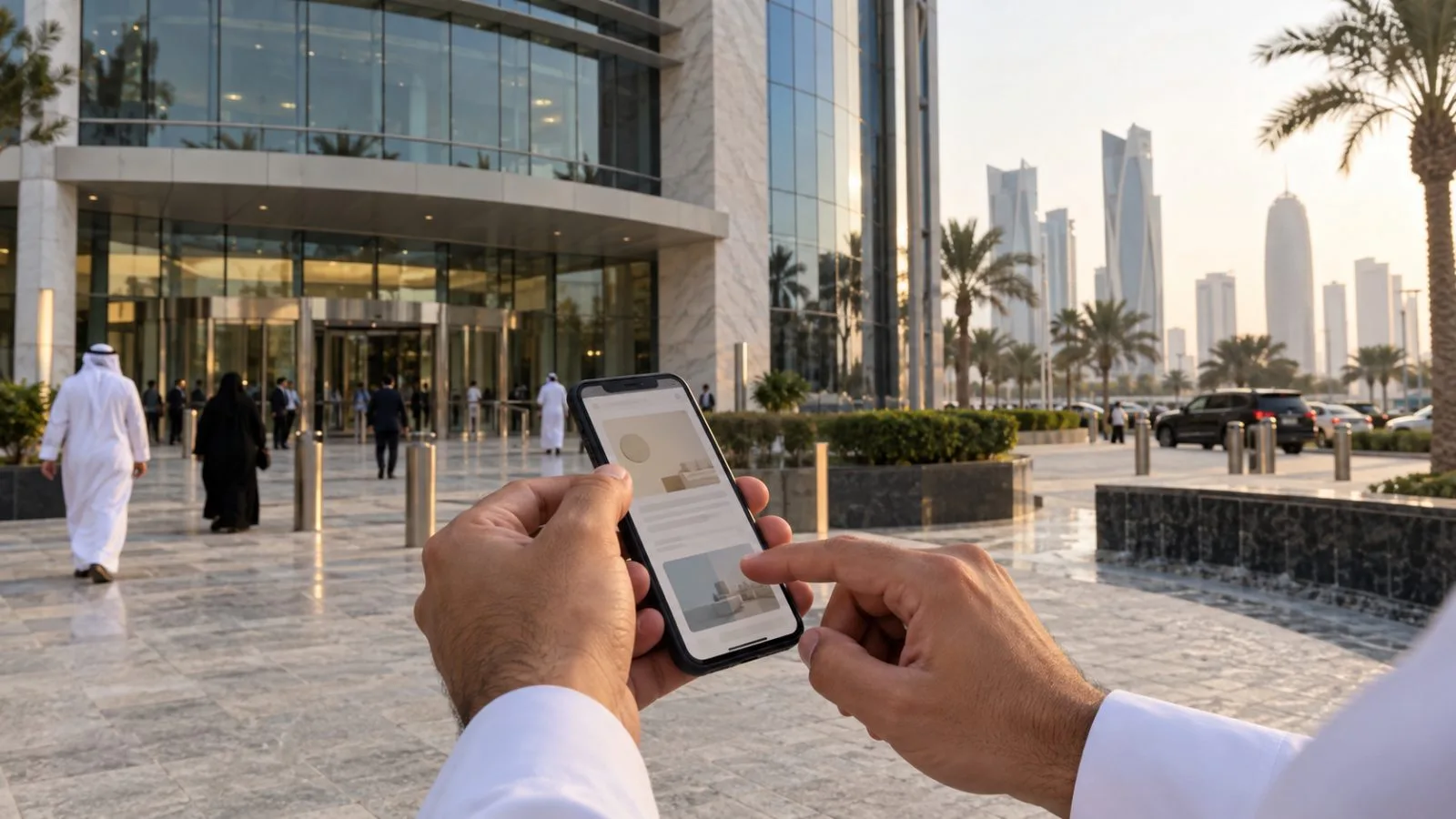 A person uses a smartphone outside Al Jazeera's headquarters in Doha, Qatar. (AI-generated image / EconoTimes)
