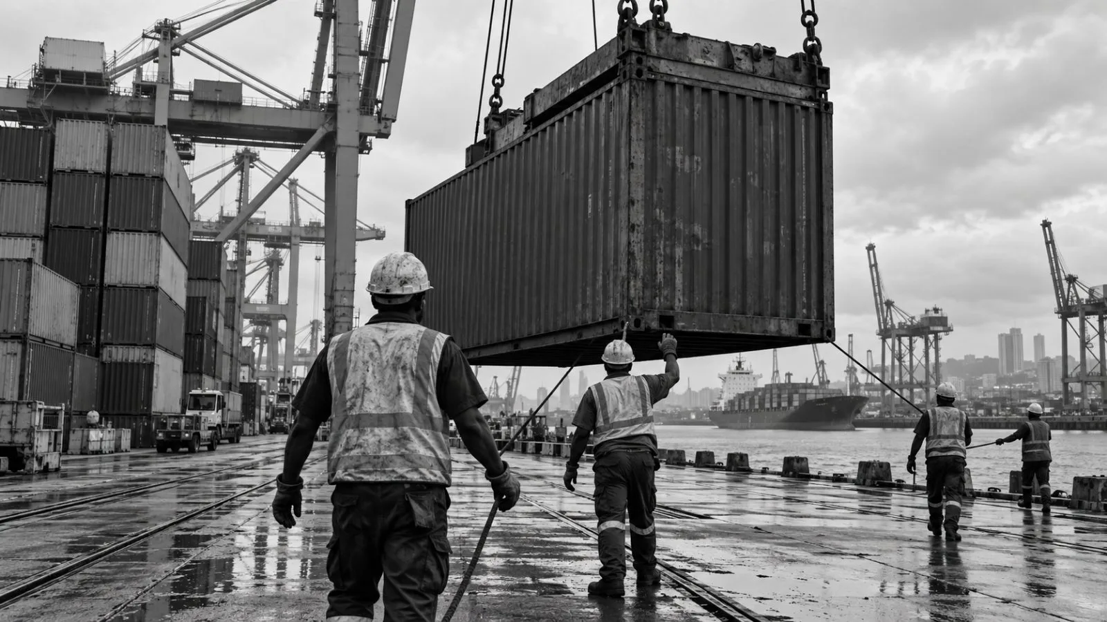 Dockworkers guide a container into place at the Port of Durban, South Africa. (AI-generated image / EconoTimes)