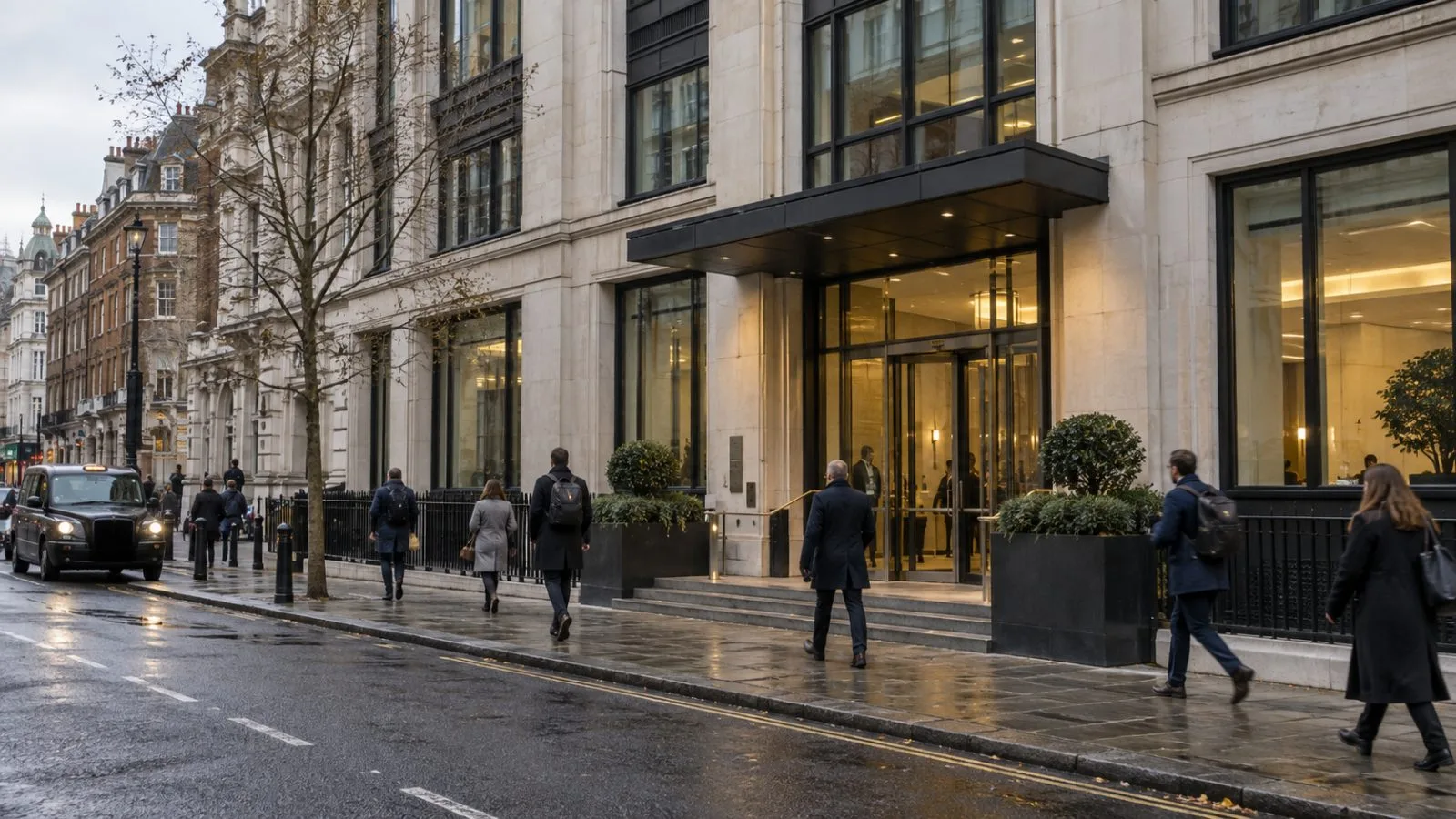 Pedestrians pass the Conservative Party headquarters on Castle Lane in London. (AI-generated image / EconoTimes)