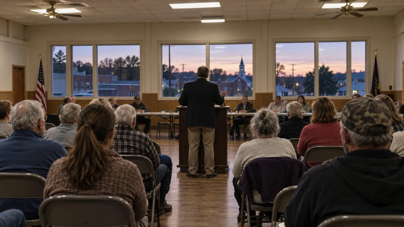Audience members face a lectern at a candidate forum in Connersville, Indiana. (AI-generated image / EconoTimes)