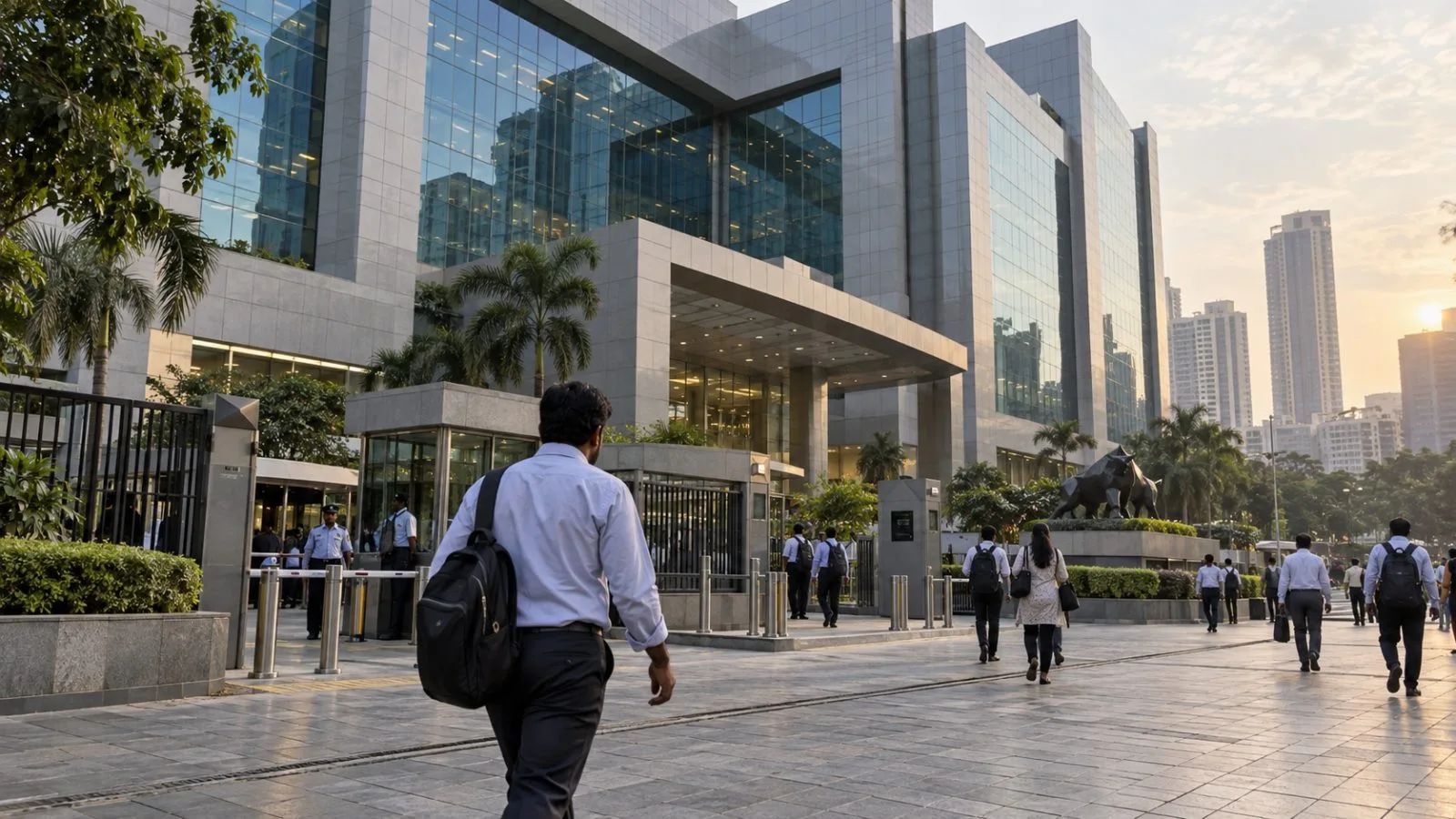An employee walks past the National Stock Exchange complex in Mumbai, India, in late-afternoon haze. (AI-generated image / EconoTimes)