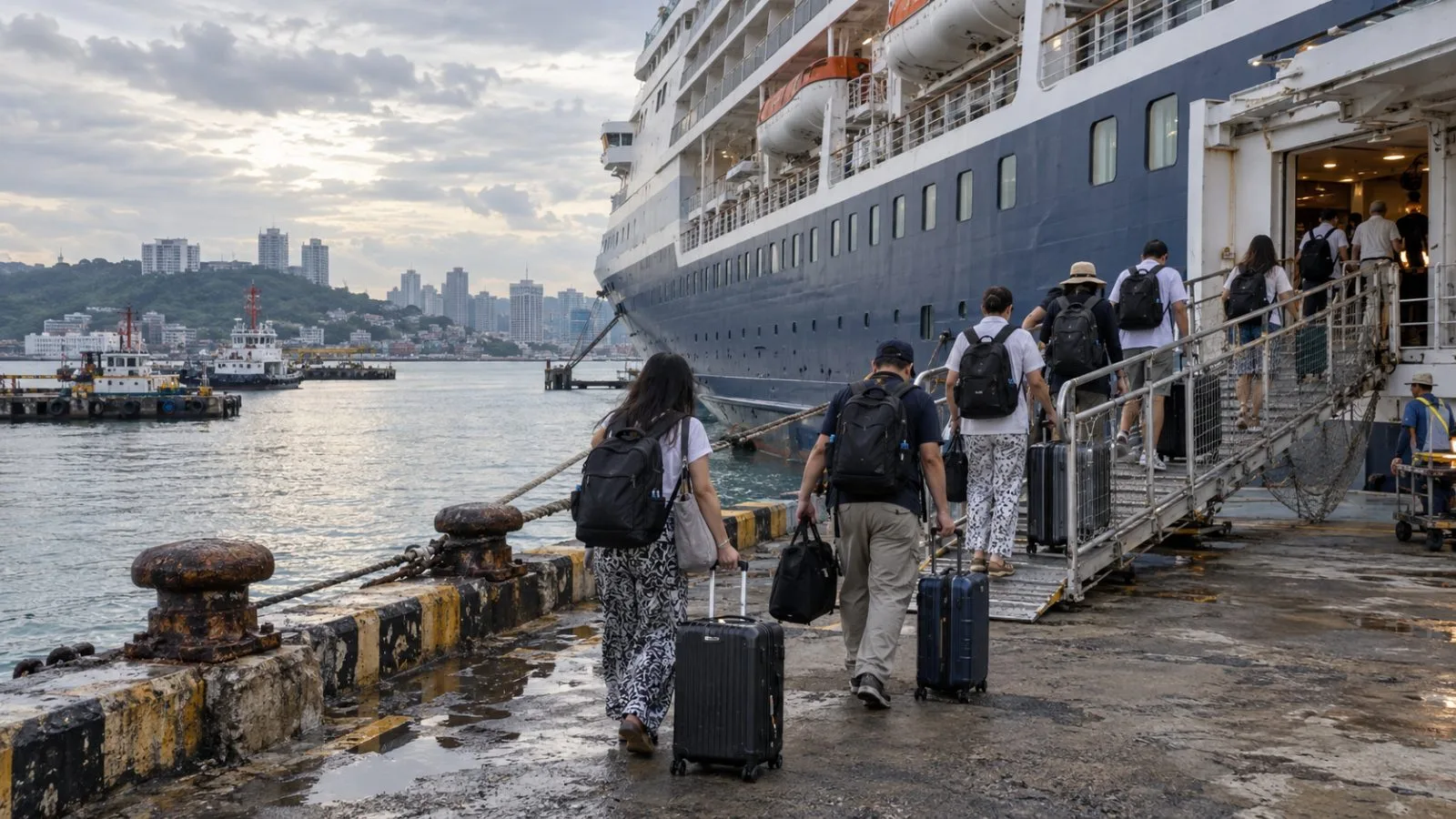 A cruise ship remains docked at Sihanoukville port on Cambodia’s Gulf of Thailand coast. / EconoTimes.ai