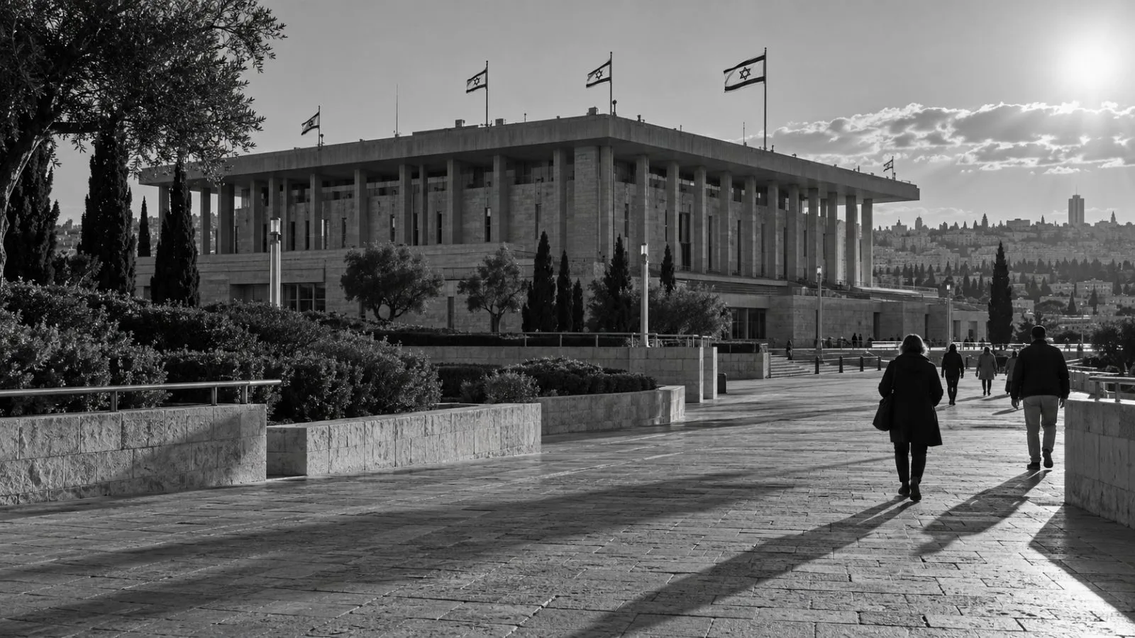 Pedestrians pass the Knesset building in Jerusalem, Israel, in afternoon light. (AI-generated image / EconoTimes)