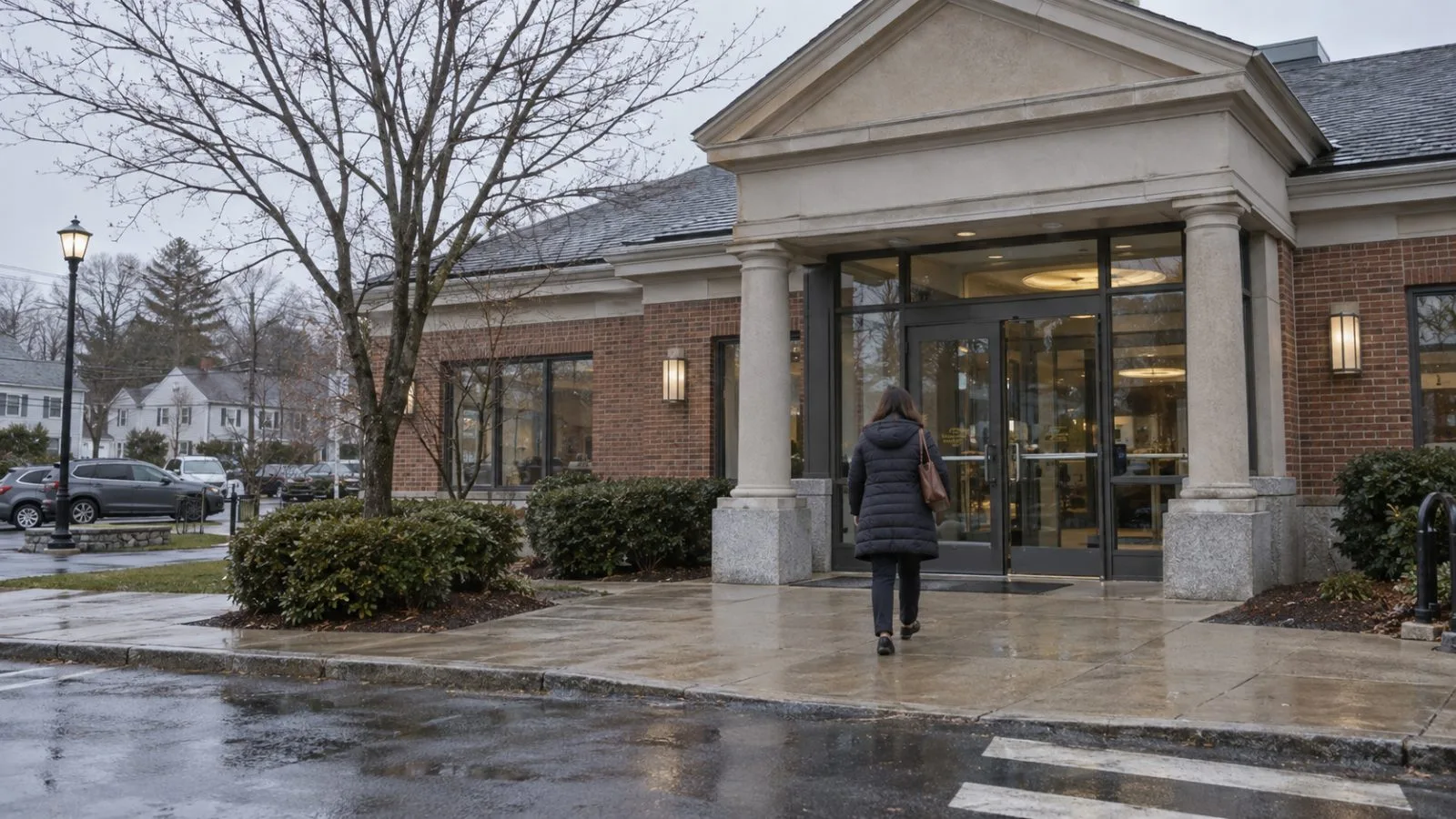A customer approaches a neighborhood bank branch in Needham, Massachusetts, on an overcast morning. (AI-generated image / EconoTimes)