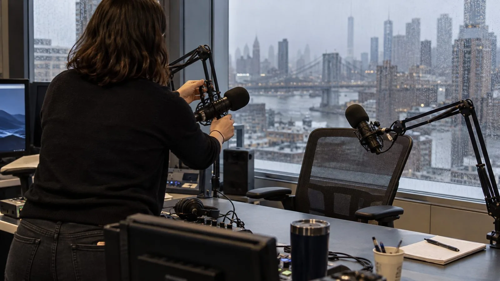 An empty guest chair and broadcast microphone sit inside a New York television studio. (AI-generated image / EconoTimes)