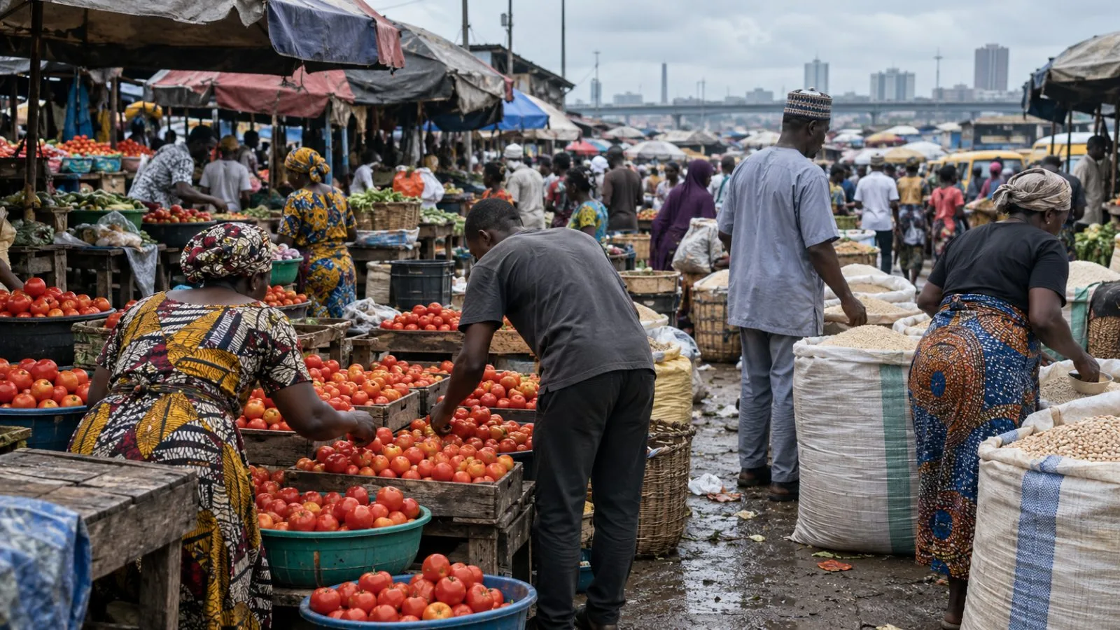Traders sort tomatoes and grain at a crowded food market in Lagos, Nigeria. (AI-generated image / EconoTimes)
