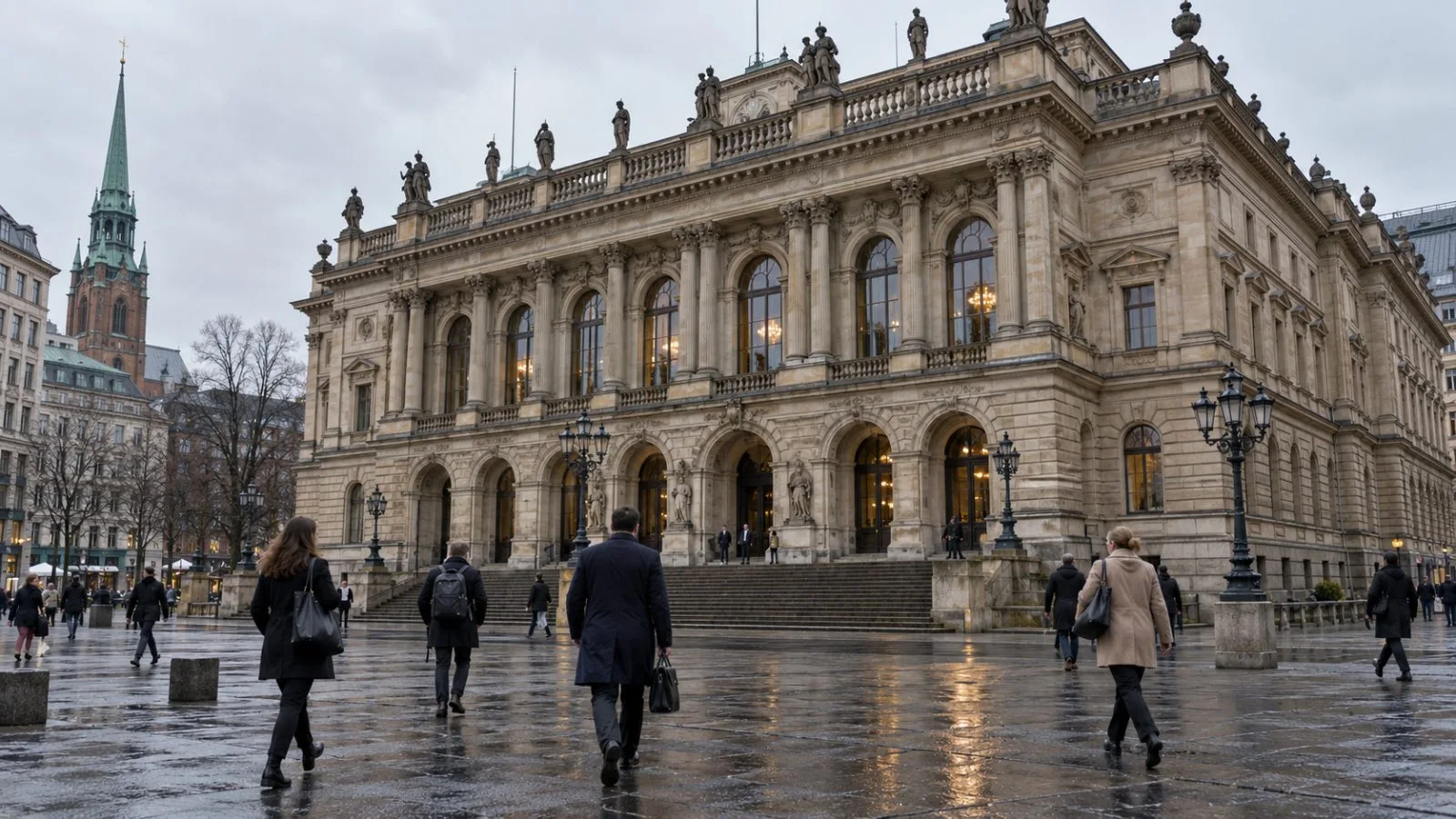 Commuters cross Adolphsplatz beside Hamburg's historic stock exchange in Germany. (AI-generated image / EconoTimes)