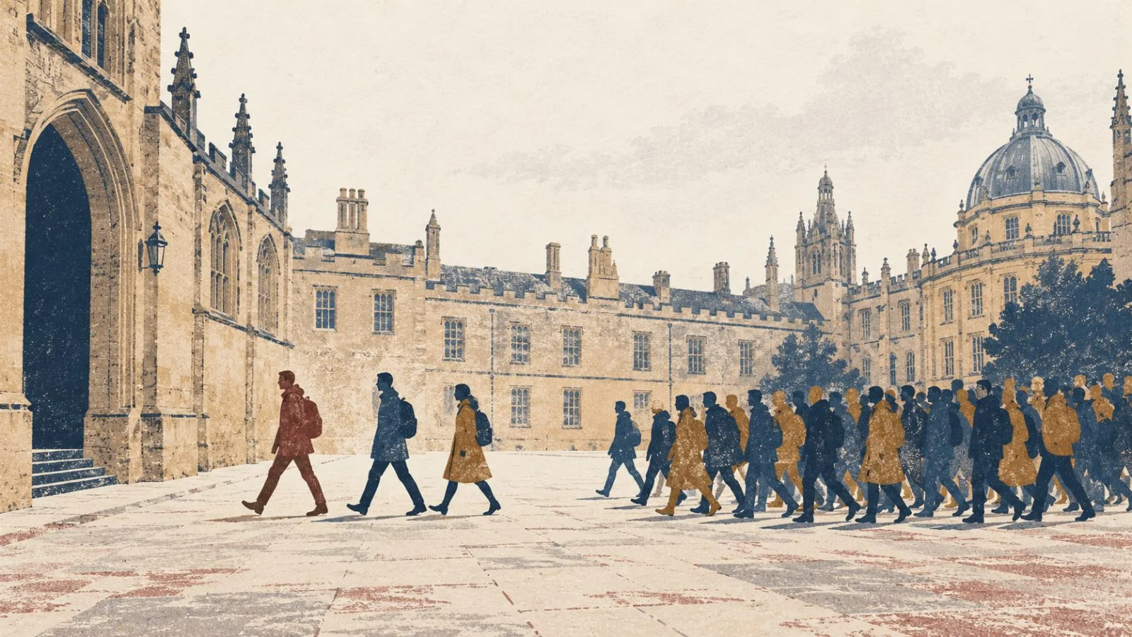 A small group crosses a university courtyard ahead of a larger crowd in London. (AI-generated image / EconoTimes)