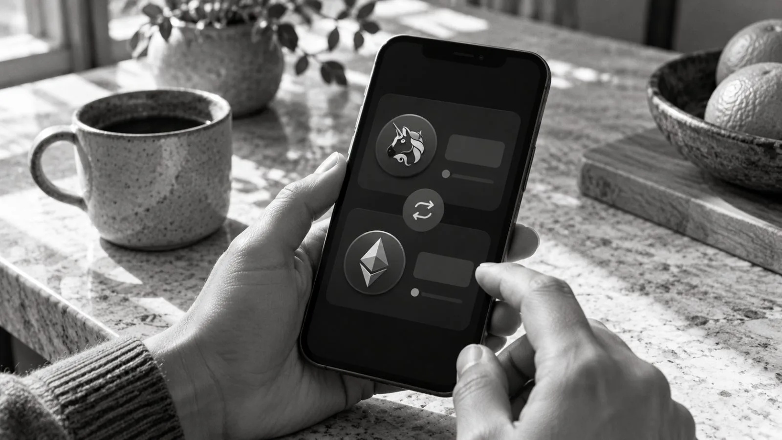 A commuter checks a cryptocurrency app on a phone on a Lower Manhattan sidewalk. / TokenPost.ai (mono)