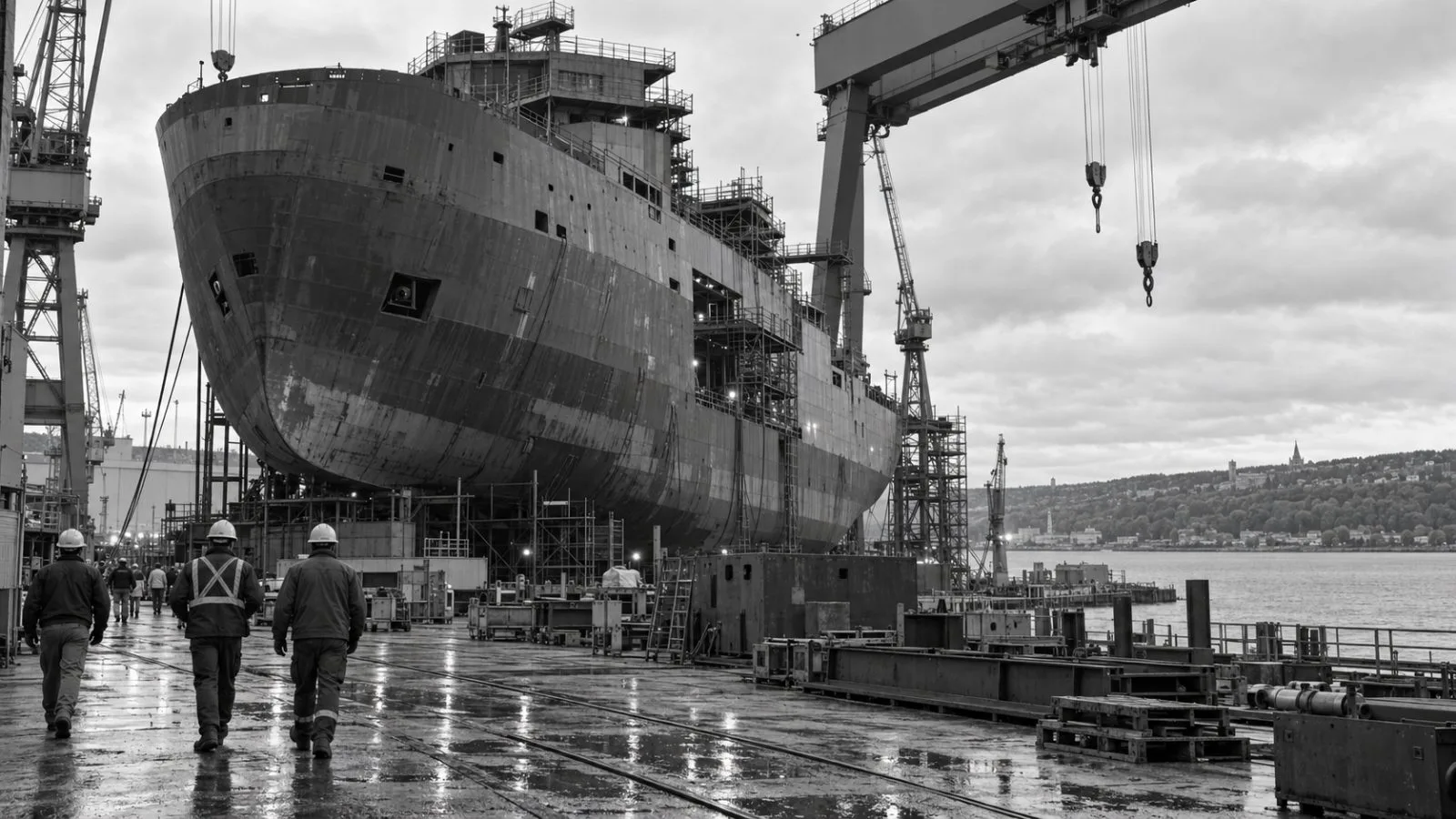 A polar icebreaker hull under construction at Davie Shipyard in Lévis, Quebec. (AI-generated image / EconoTimes)