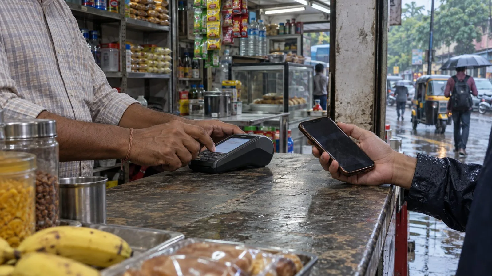 A shopkeeper holds a phone beside a payment terminal at a New York City grocery counter. / EconoTimes.ai
