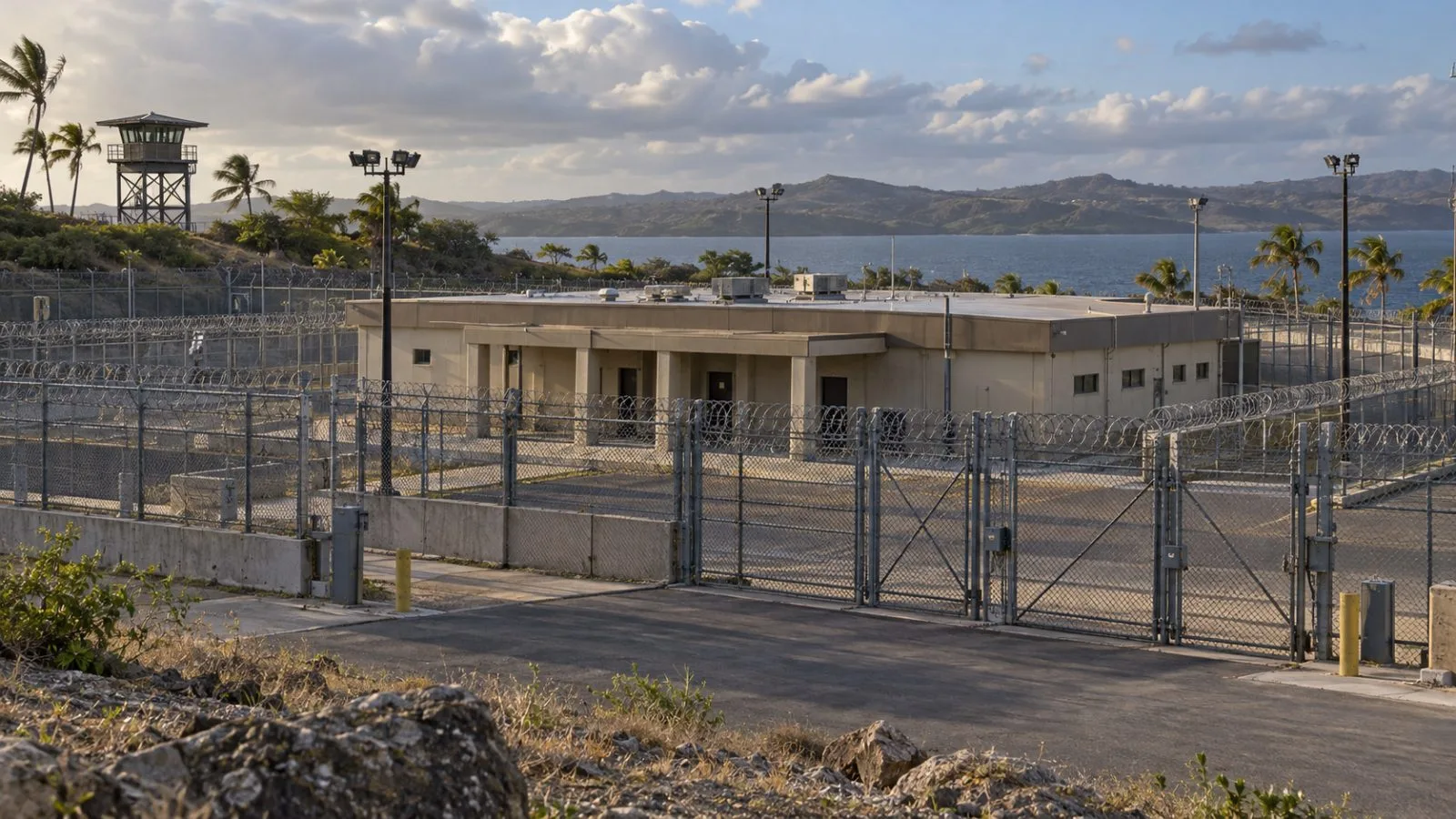 The military commissions courtroom stands at Camp Justice, Guantanamo Bay, Cuba. (AI-generated image / EconoTimes)