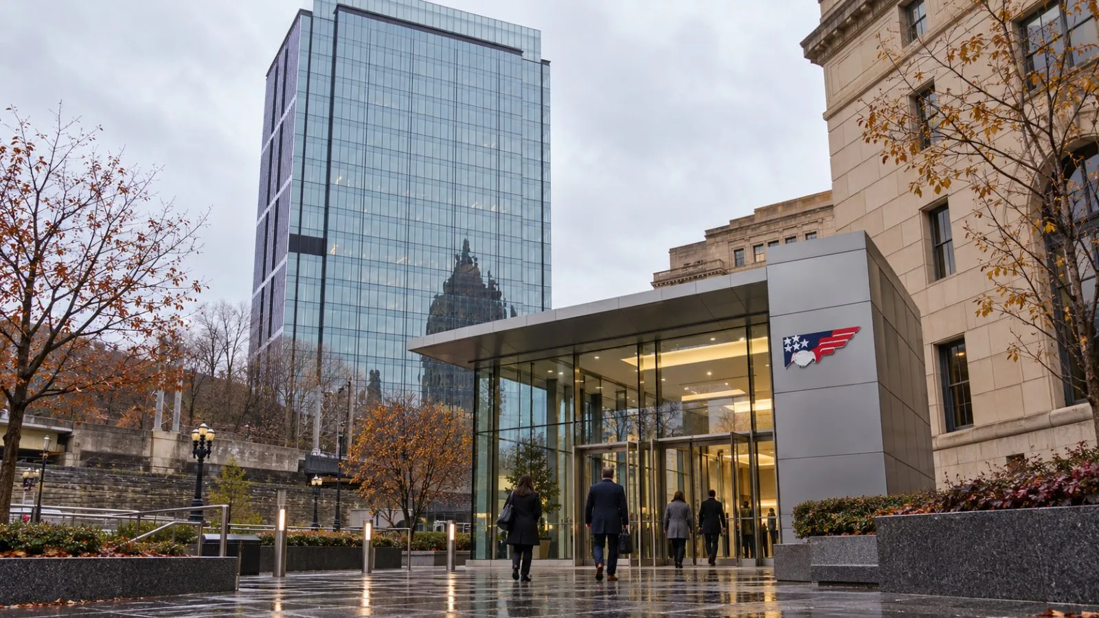 Employees enter FNB Financial Center in Pittsburgh, the headquarters of F.N.B. Corporation. / EconoTimes.ai