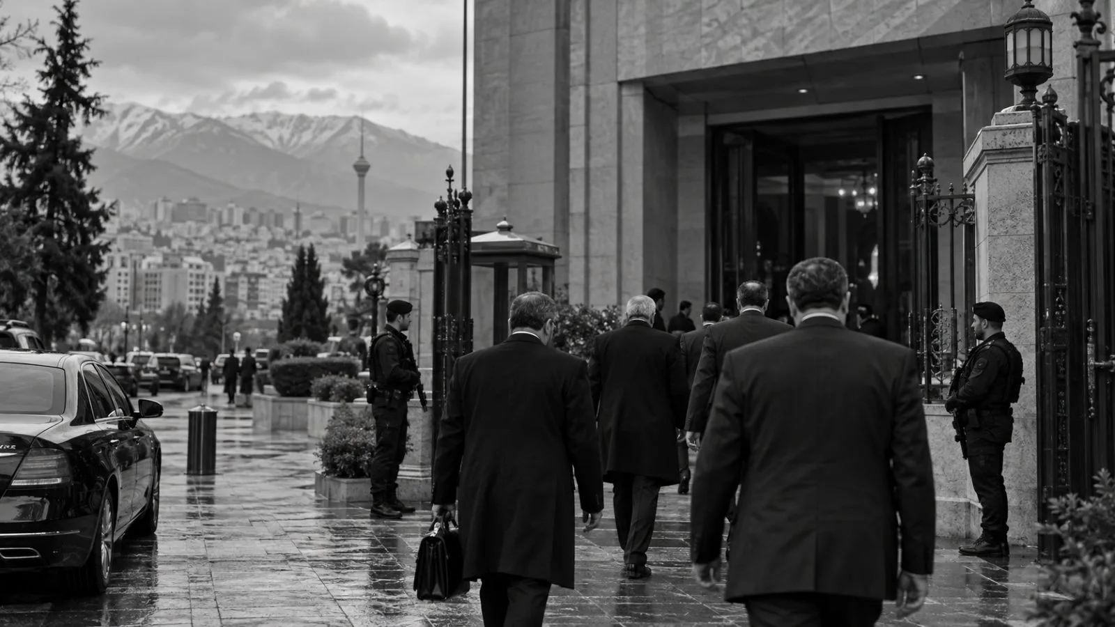 Officials enter a government meeting venue in Tehran, Iran, amid regional security talks. (AI-generated image / EconoTimes)
