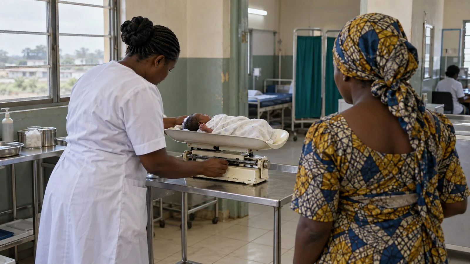 A newborn is weighed at a public primary health clinic in Abuja, Nigeria. (AI-generated image / EconoTimes)